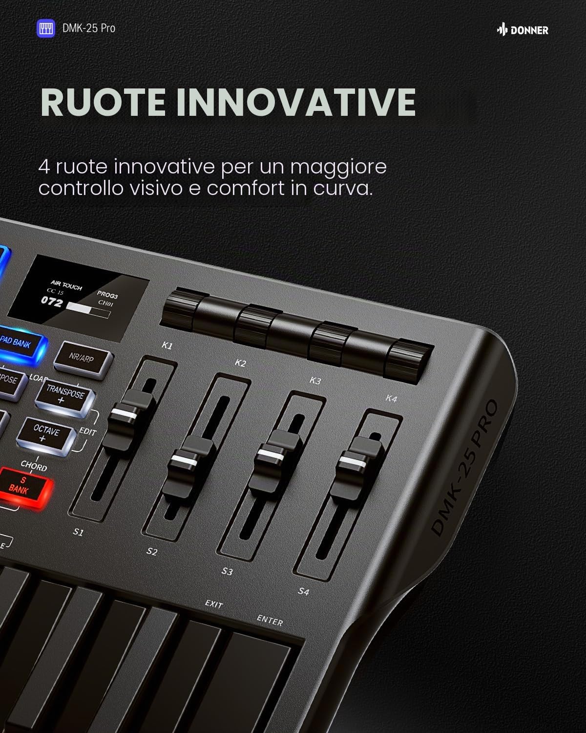 Donner Controller Tastiera MIDI USB-C, Tastiera MIDI Mini Portatile a 25 Tasti con 8 Drum Pad, Display OLED, 16 Scale Smart, Arpeggio, Replay, 4 Software DAW e 40 Corsi Didattici, DMK 25 Pro Nero