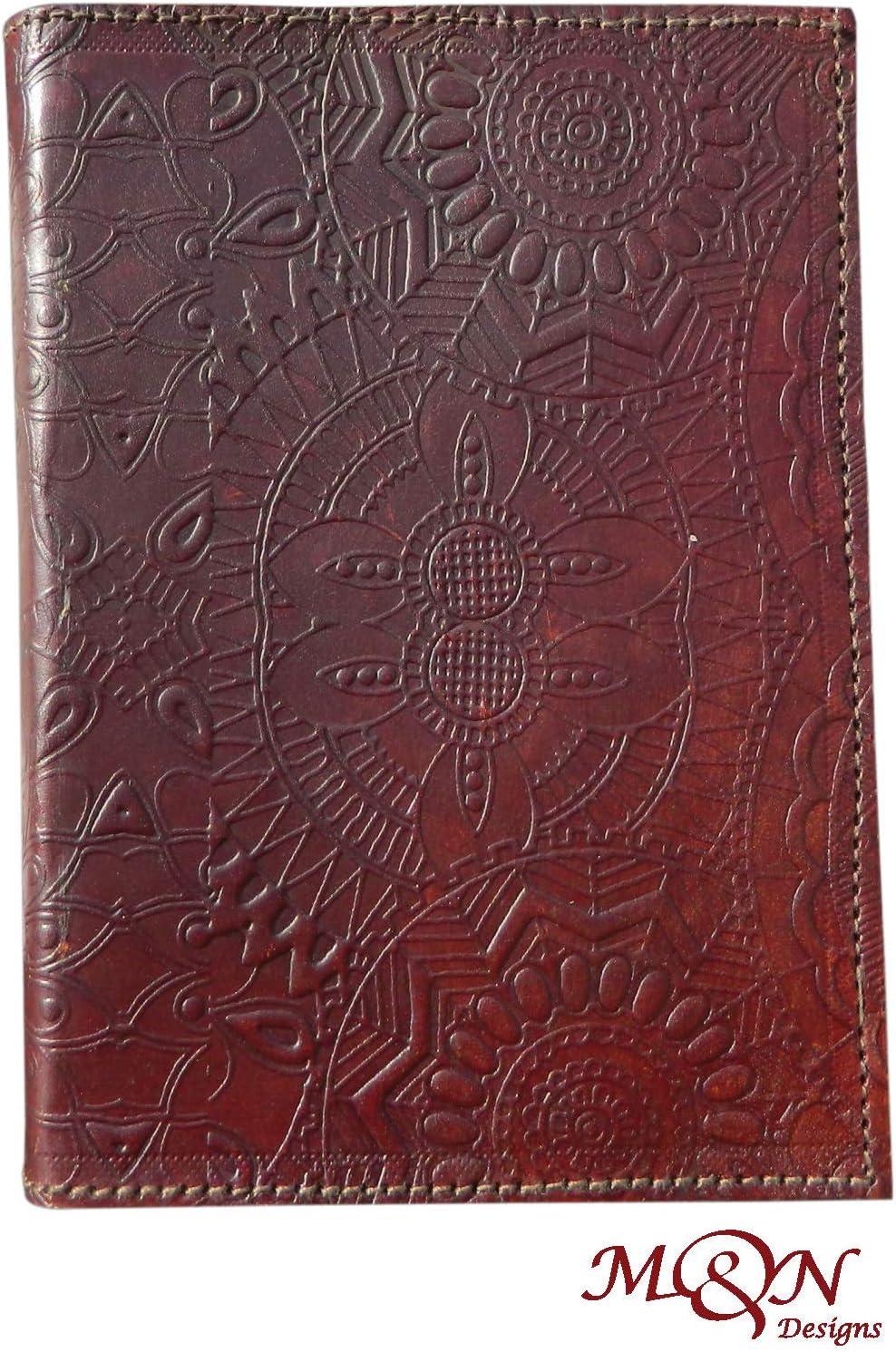 M&N Front and Back Embossed Handmade Leather Journal Tan Brown Color Pocket Style Notebook, Blank Pages 7"x5''