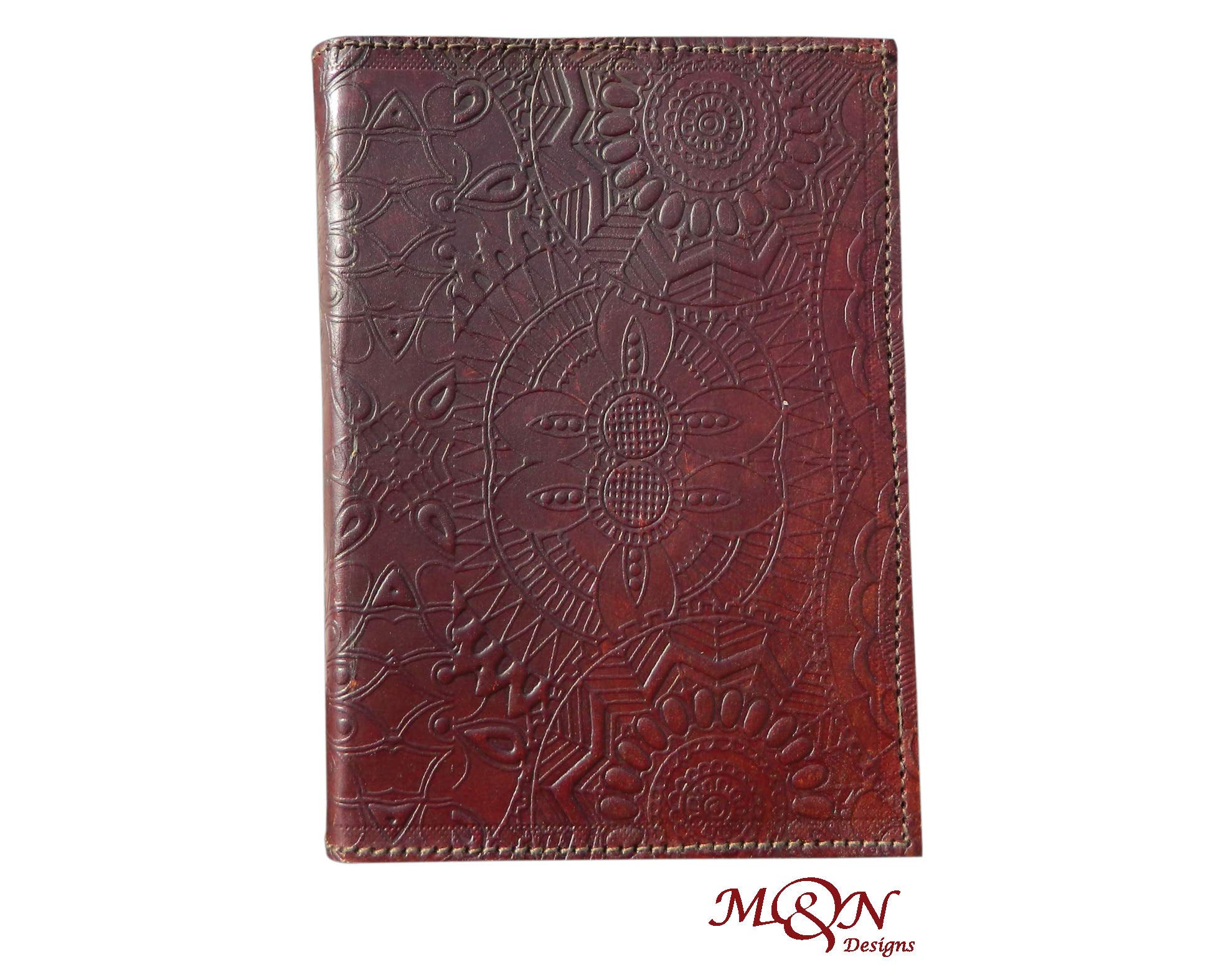 M&N Front and Back Embossed Handmade Leather Journal Tan Brown Color Pocket Style Notebook, Blank Pages 7"x5''