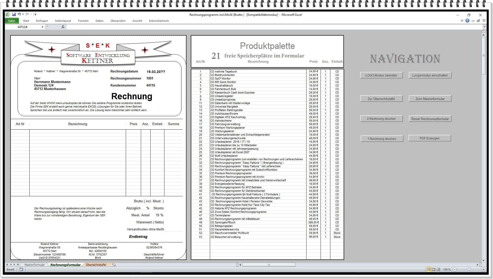 Rechnungsprogramm mit Produktpalette, Kundendatenbank, PDF Funktion, 2 Steuersätze, für Kleinunternehmer § 19 UStG