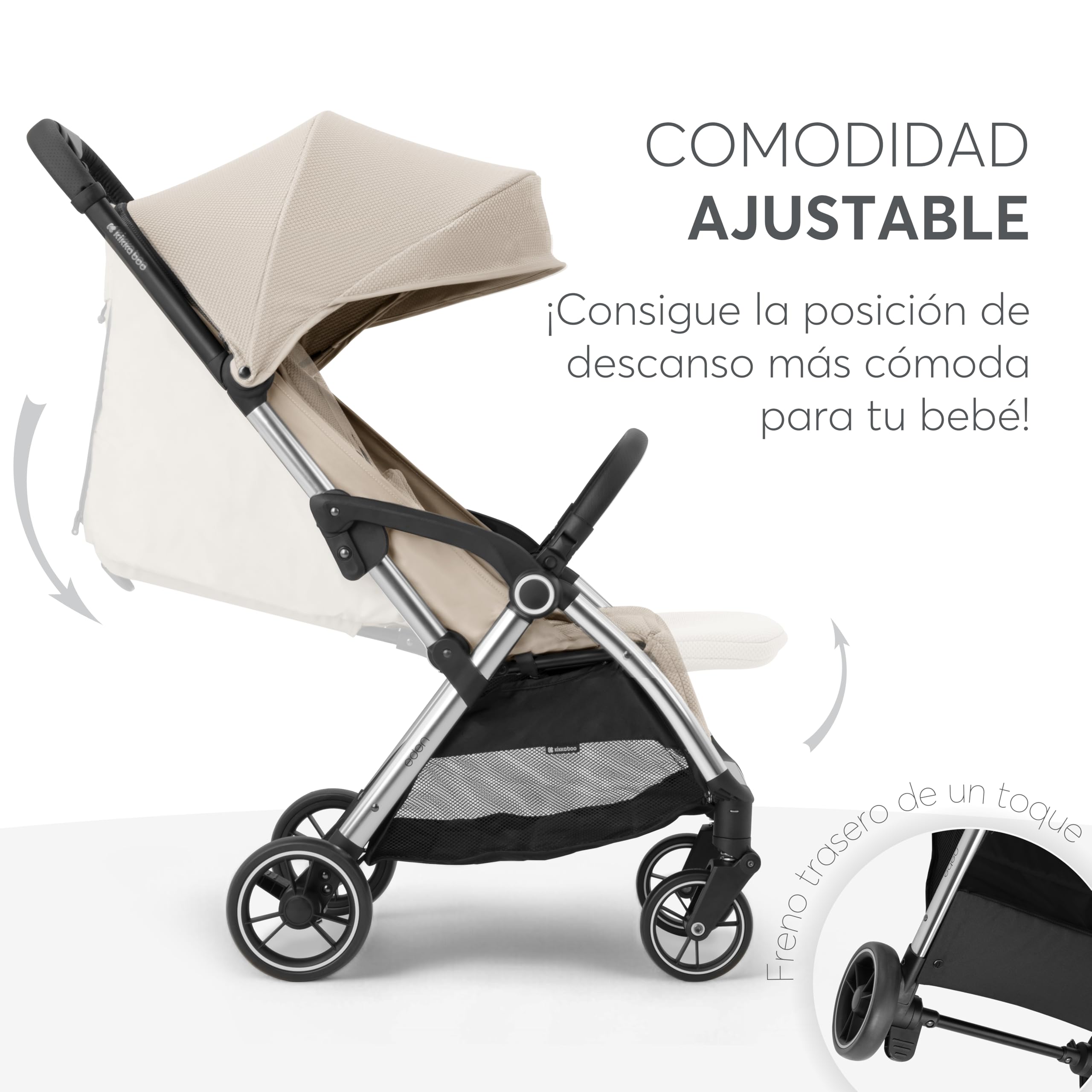 KikkaBoo Silla de Paseo EDEN, Carrito Bebé hasta 22 kg, Plegado Automático, Posición Reclinada, Superligero, Compacto, Beige
