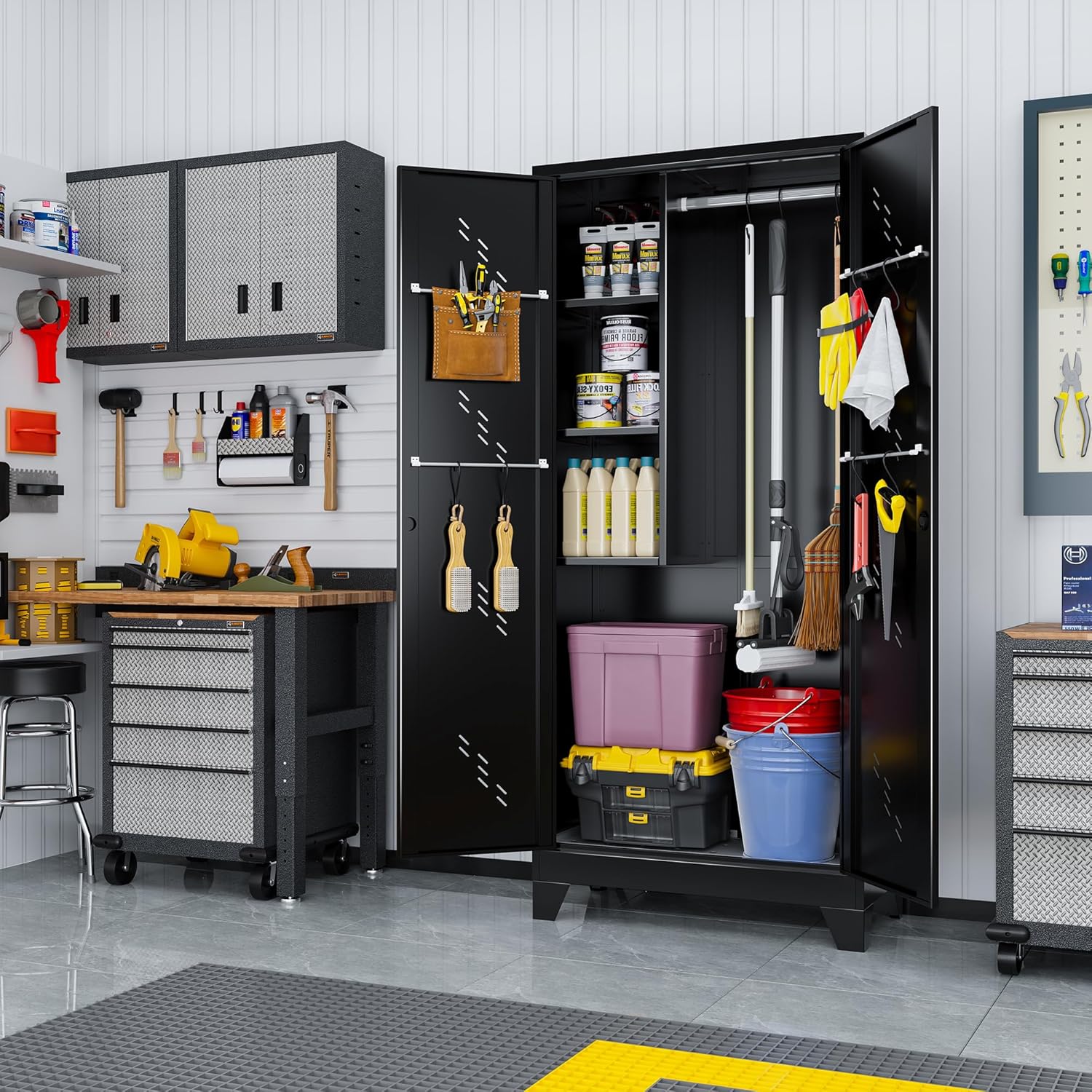 Large Storage Cabinet, 75" H x 33.8" W x 16.5" D, Metal Garage Cabinets with Lockable Door & Large Space at The Bottom, Utility Closet Ideal for Laundry, Bathroom,Office,Outdoor