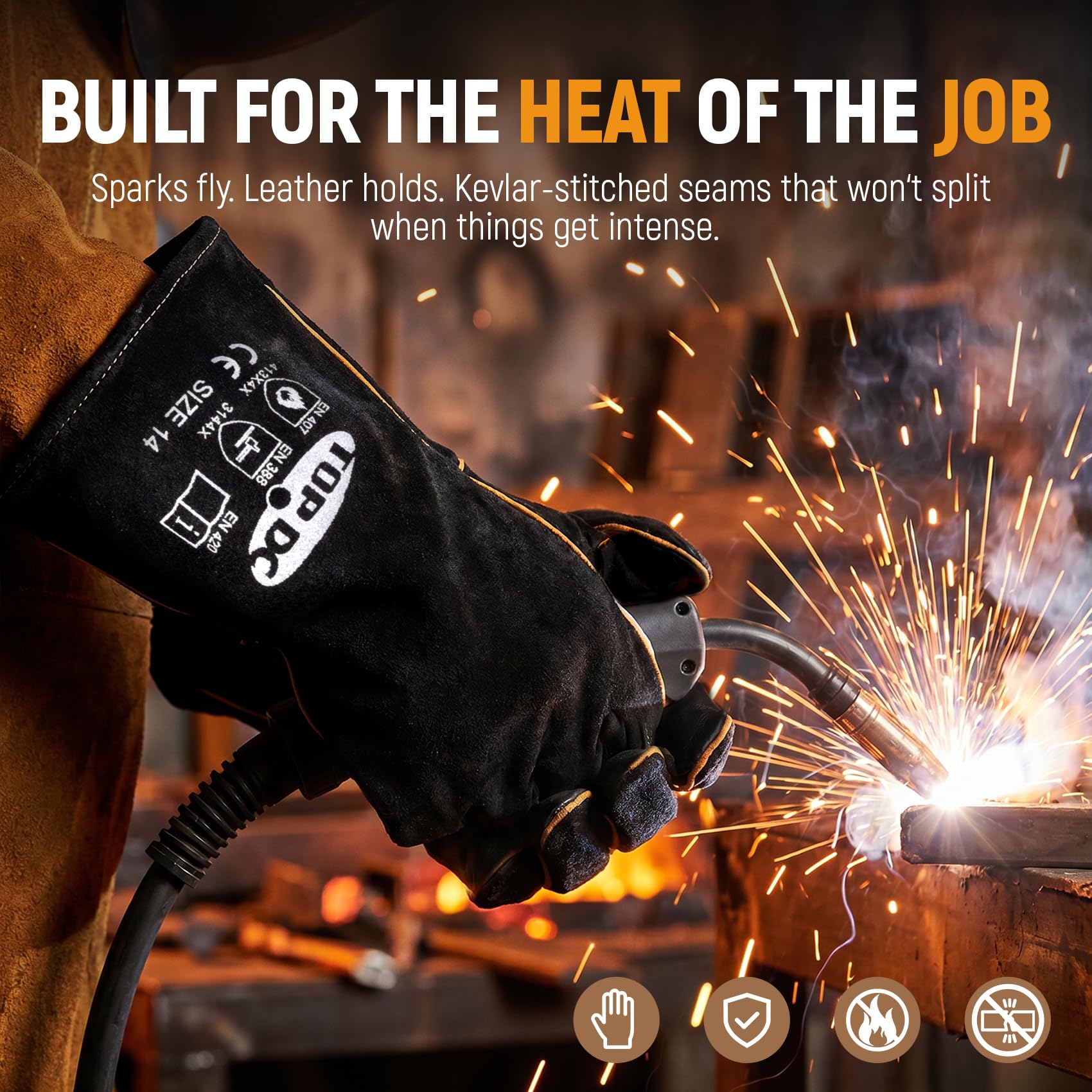 TOPDC Schweißerhandschuhe 35 cm – Hitzebeständige Lederhandschuhe für MIG, TIG, Elektrode, Schmiede, BBQ, Grill, Kamin, Holzofen, Ofen & Feuerstelle