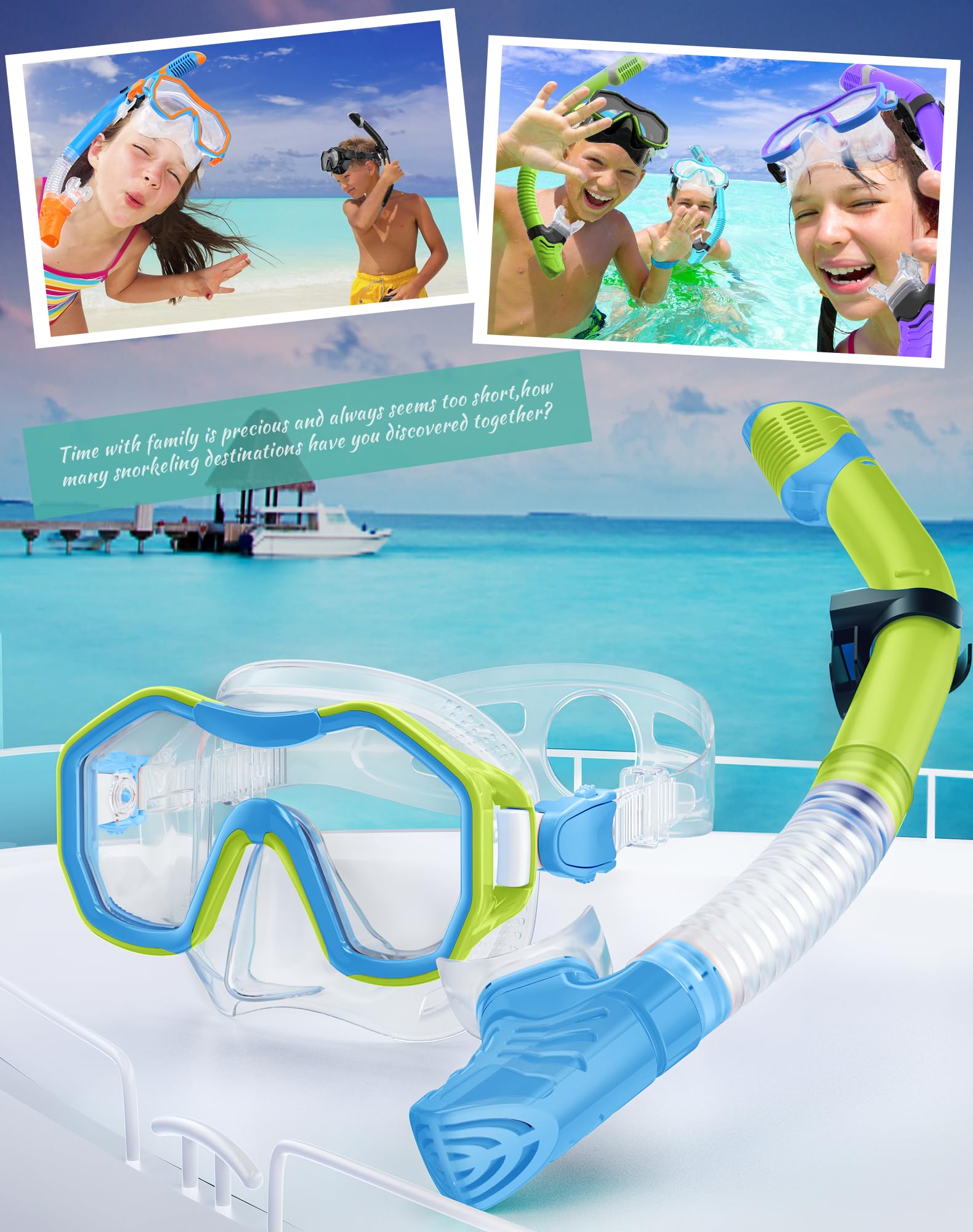 Attrezzatura da snorkeling per bambini dai 6 ai 14 anni, maschera da snorkeling panoramica a 180° per bambini che respirano liberamente per lo snorkeling, blu e giallo