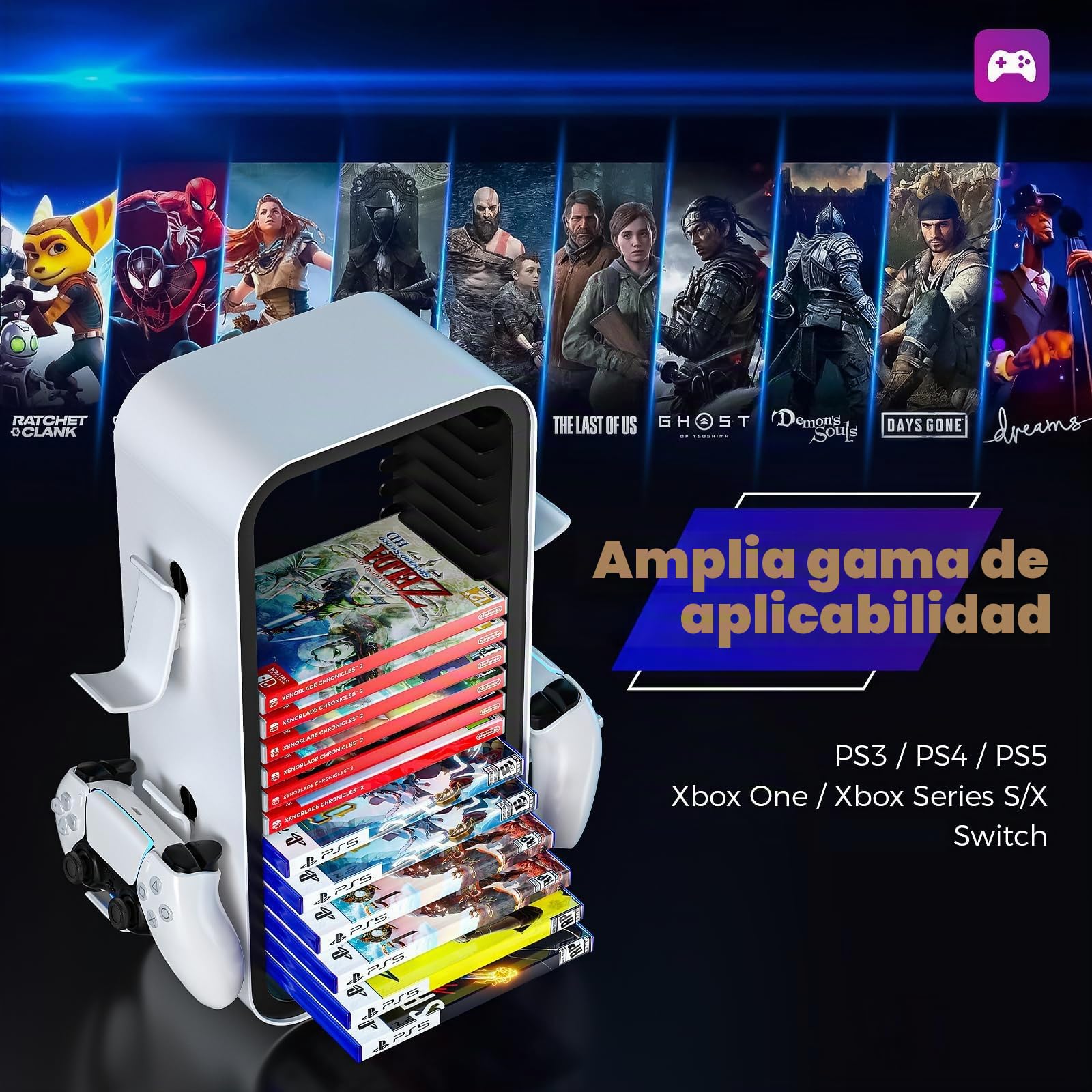 Torre de almacenamiento de videojuegos universal para PS5/PS4/Xbox One/Xbox 360/Xbox Series X/S/Switch, organizador de discos DVD y Blu-Ray, almacena 19 juegos, con 4 soportes para controlador