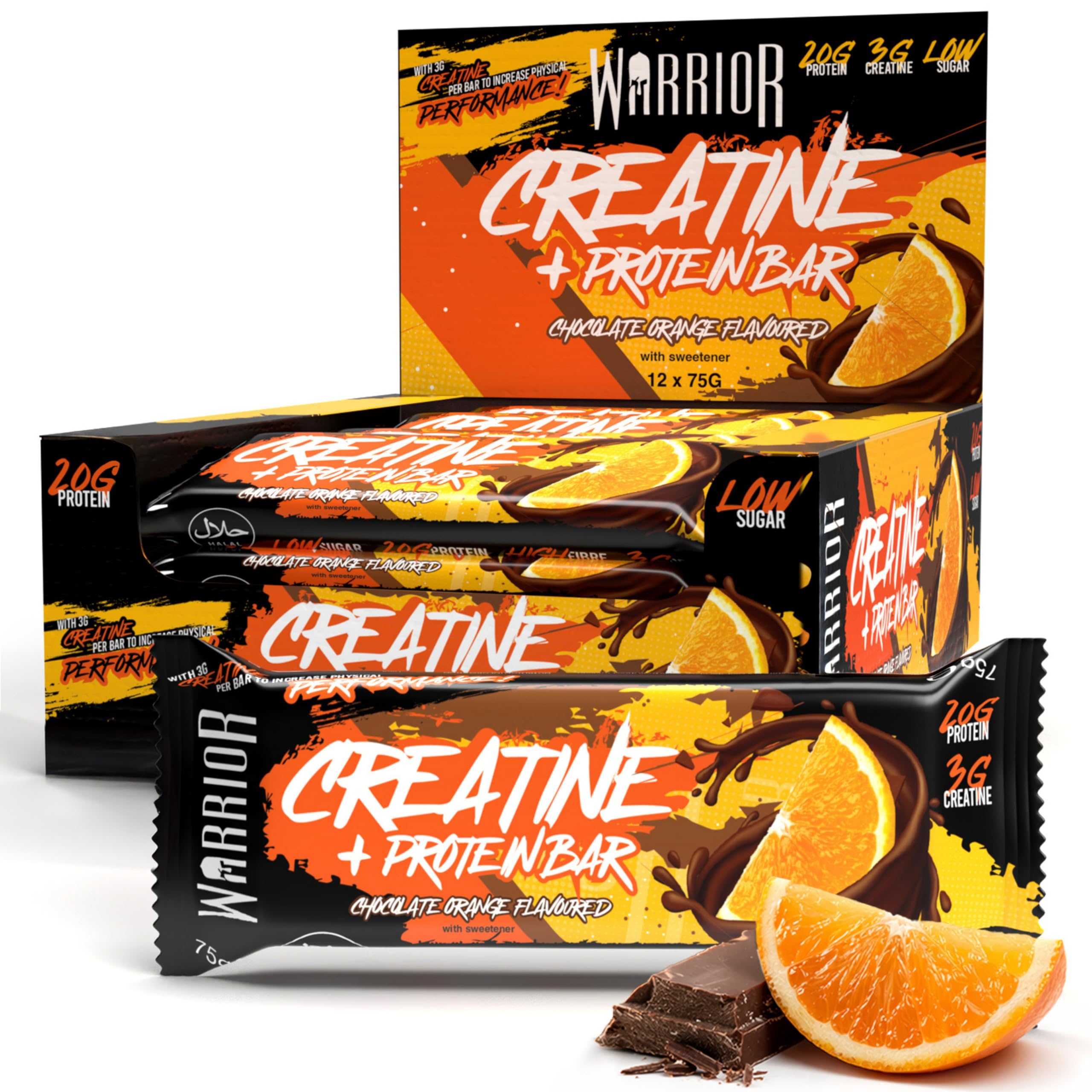 Warrior RAW Creatine Protein Bar, 20g High Protein Oat Flapjack With 3g Creatine, Low Sugar Protein Bar, Gym Snack For Muscle Growth & Recovery, Pre Or Post Workout, 12 x 75g(Chocolate Orange)