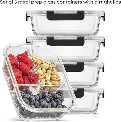 Miniatura 3 de JoyJolt Juego de caja Bento dividida de 3 compartimentos de vidrio para preparación de comidas, paquete de 5 recipientes herméticos para