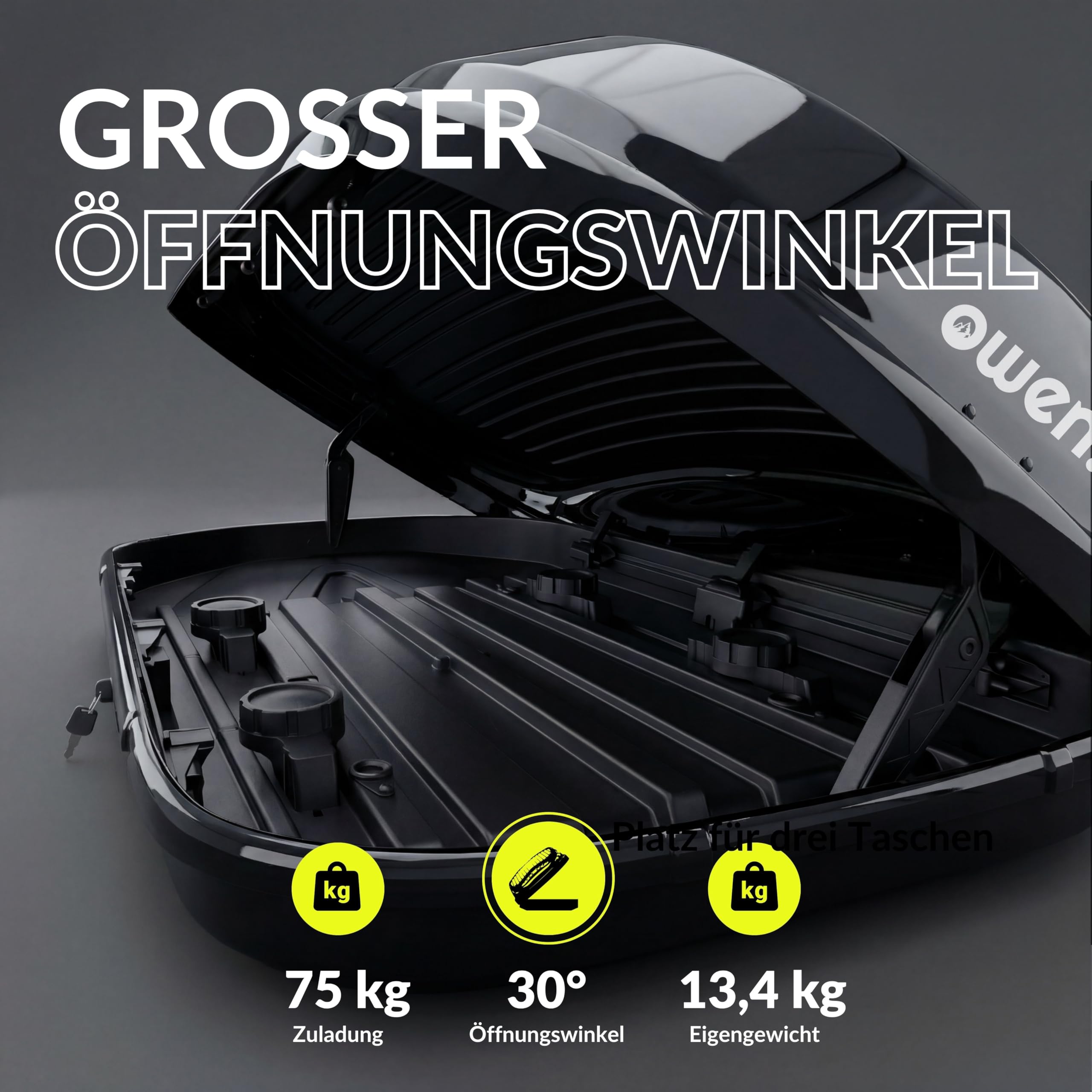 Owen Dachbox Auto 320L | 75kg Zuladung | Premium Hartschale Schwarz Glänzend | Aerodynamische Gepäckbox mit Schnellspanner (Fast Clamp) & Beidseitiger Öffnung | Robustes Material | Abschließbar
