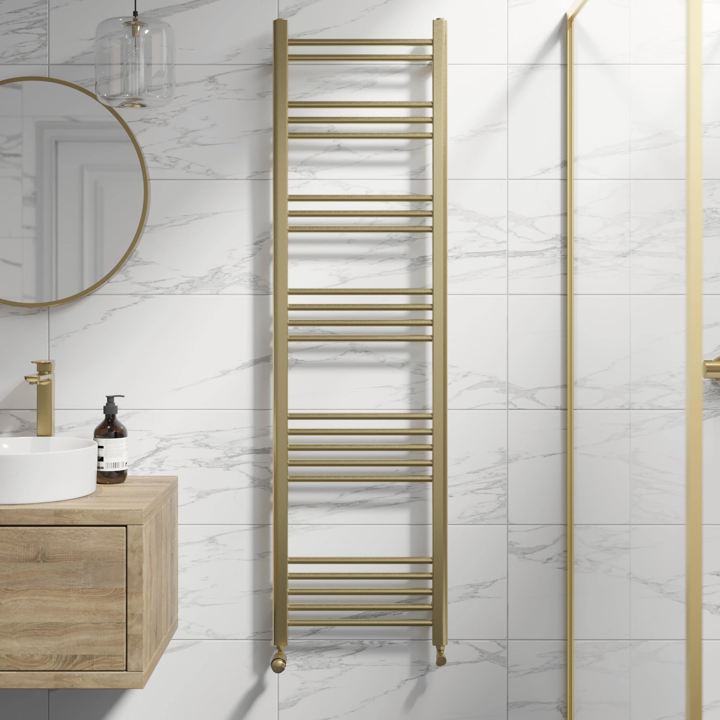 DuraTherm® 1600 x 450mm Flat Straight Heated Towel Rail Radiator Modern Central Heating Bathroom Warmer Wall Mounted Ladder Rad, Brushed Brass