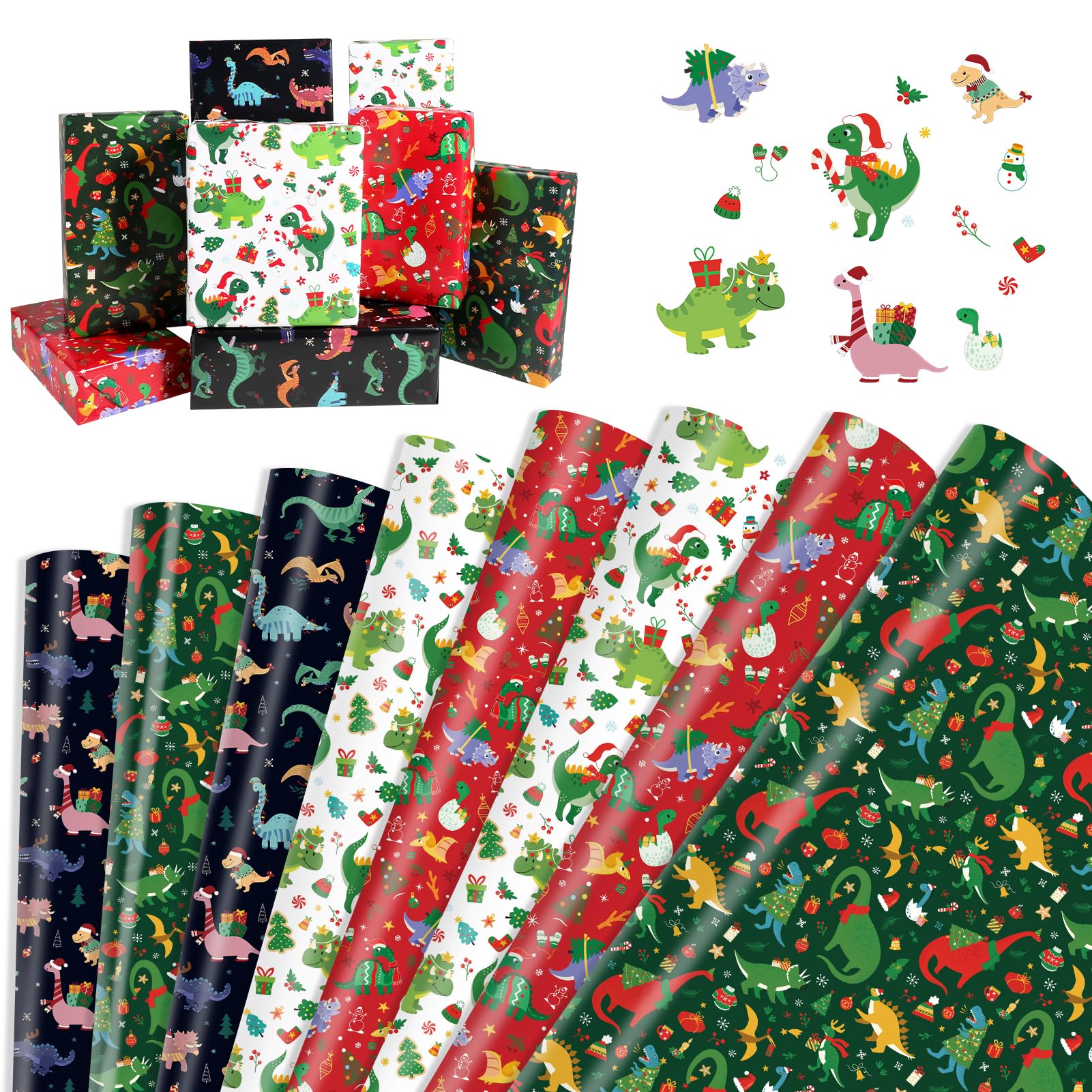 DPKOW Christmas Wrapping Paper Sheets, 8pcs DIY Recyclable Christmas Dino Gifts Wrapping Paper Xmas Parcel Papers Birthday Festival, Xmas Gift Wrap Supplies Festival Party Favours Dinosaur, 70 * 50cm