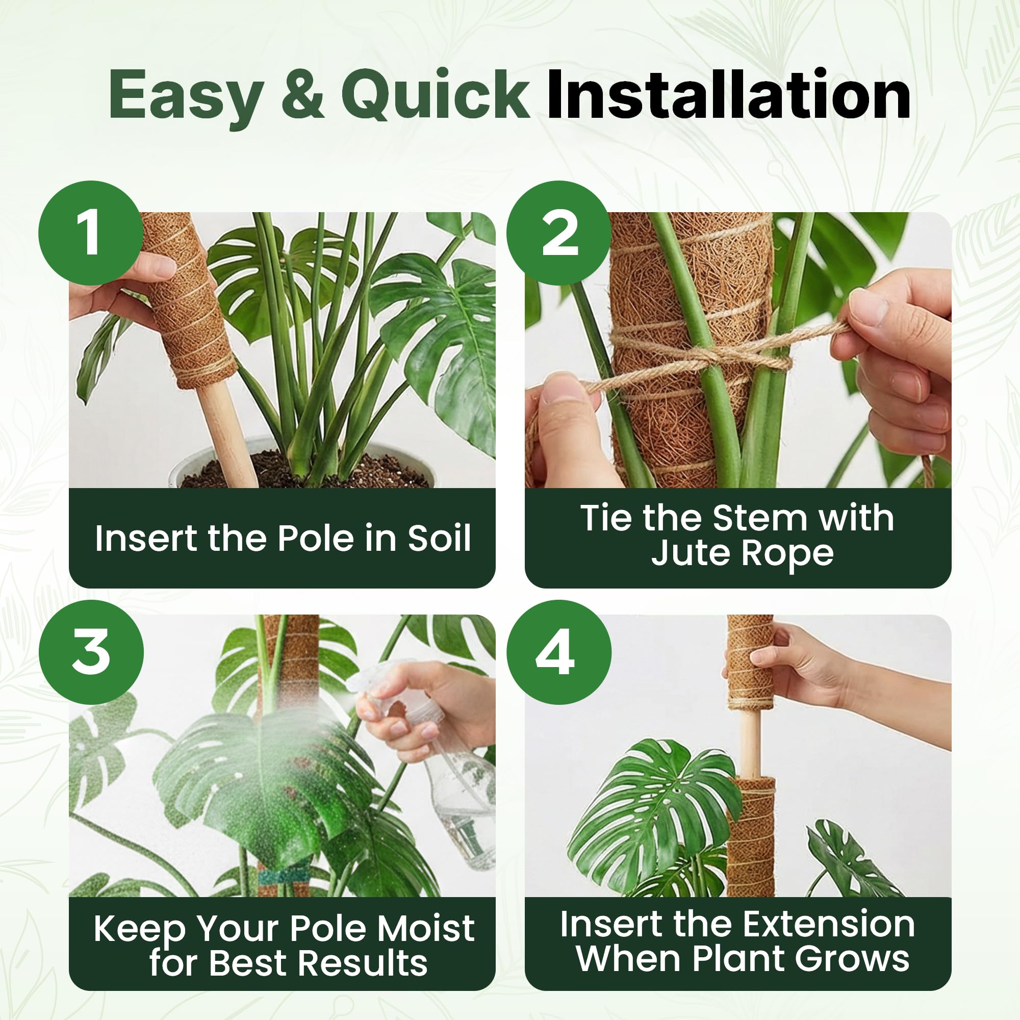 Paquete de 4 soportes para plantas Monstera de 16 pulgadas, apilables hasta 48 pulgadas, estacas para plantas trepadoras de interior en maceta, palos de coco altos y accesorios para Monstera, Pothos y