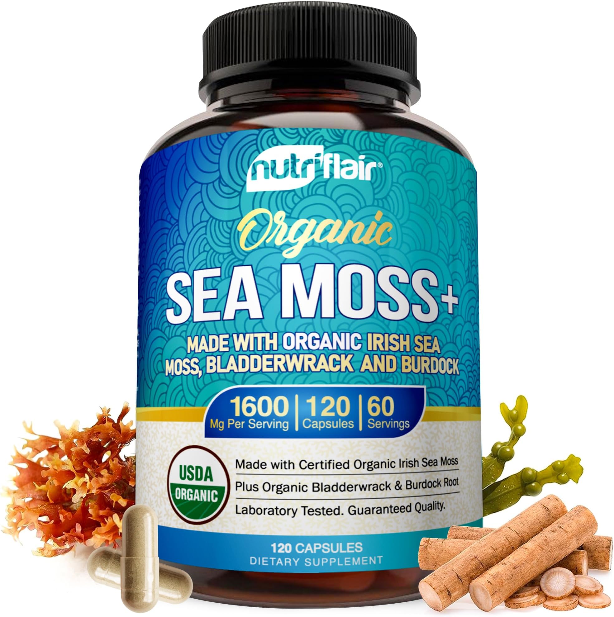 NutriFlair Organic Sea Moss 1600mg, 120 Capsules Plus Bladderwrack & Burdock - Prebiotic Super Food - Immune System & Digestive Health - Thyroid, Healthy Skin, Keto Detox, Gut
