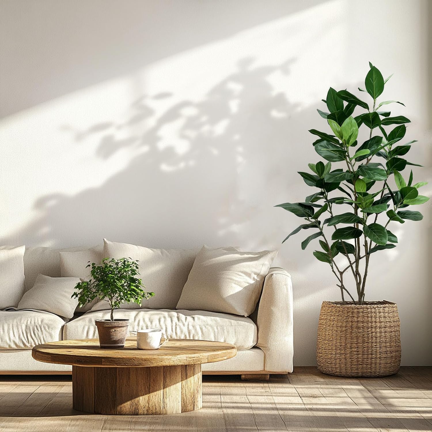 5ft Artificial Ficus Altissima Tree, Realistic Green Leaves Indoor Faux Plant Decor with White Planter Pot, Tall Fake Tree for Home Office Living Room Decoration