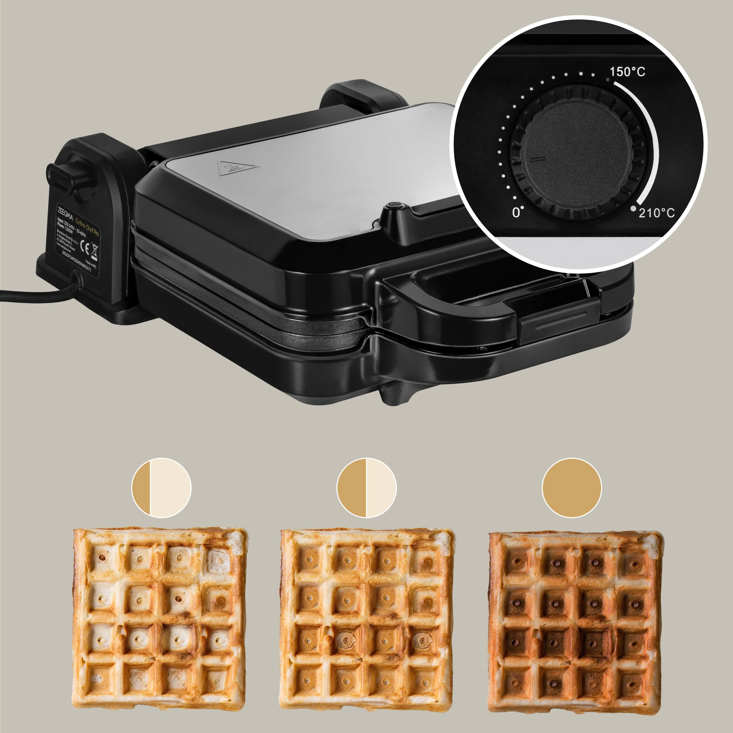 ZEEGMA GOFREE CHEF PRO Gofrera de Alta Potencia 1200 W para Gofres Belgas, Doble, Vertical, Revestimiento Antiadherente, Control de Temperatura, Indicador de Listo, Gofres Gruesos