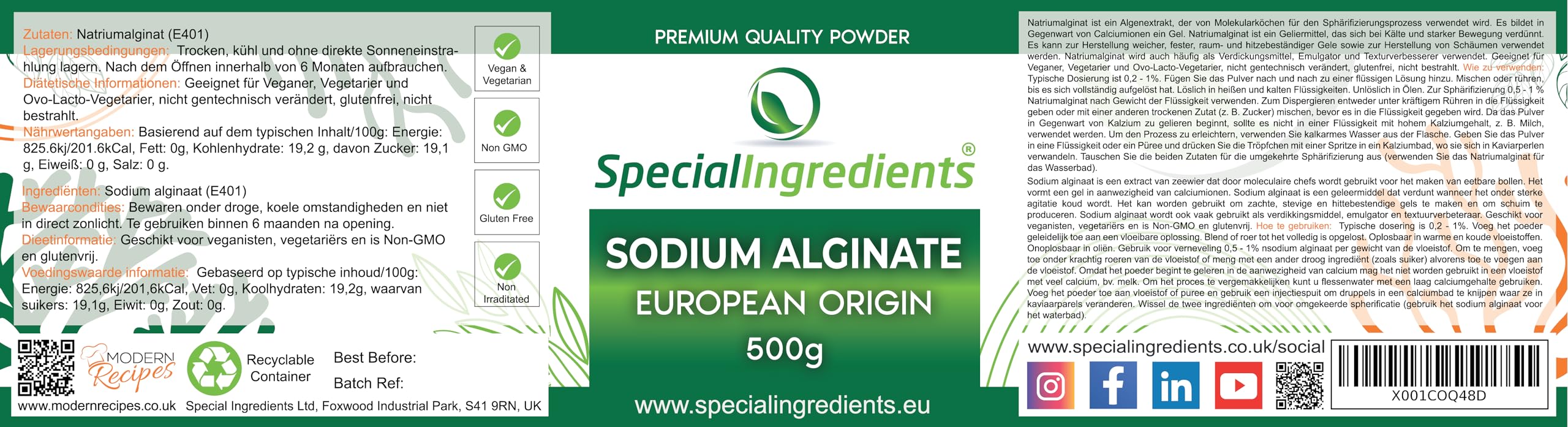Special Ingredients Alginato di sodio in polvere da 500 g, estratto di alga, addensante, emulsionante e miglioratore di consistenza, adatto per vegani e vegetariani, imballaggio riciclabile