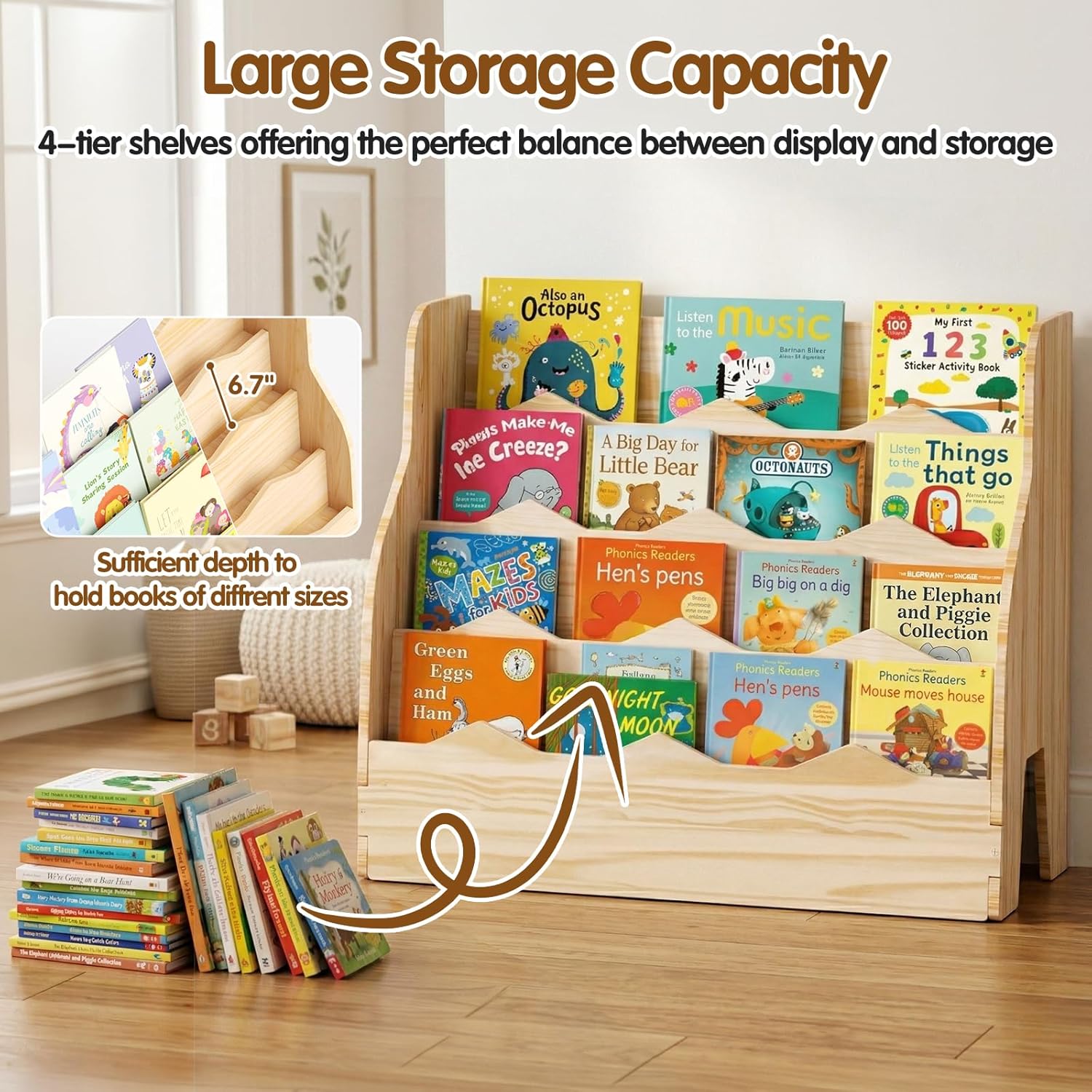 4-Tier Kids Bookshelf, Wooden Scalloped Toddler Bookshelf, Montessori Book Shelf for Kids Rooms, Front Facing Nursery Bookcase for Bedroom,Classroom,23.6" Kids Storage Organizer for Books Display