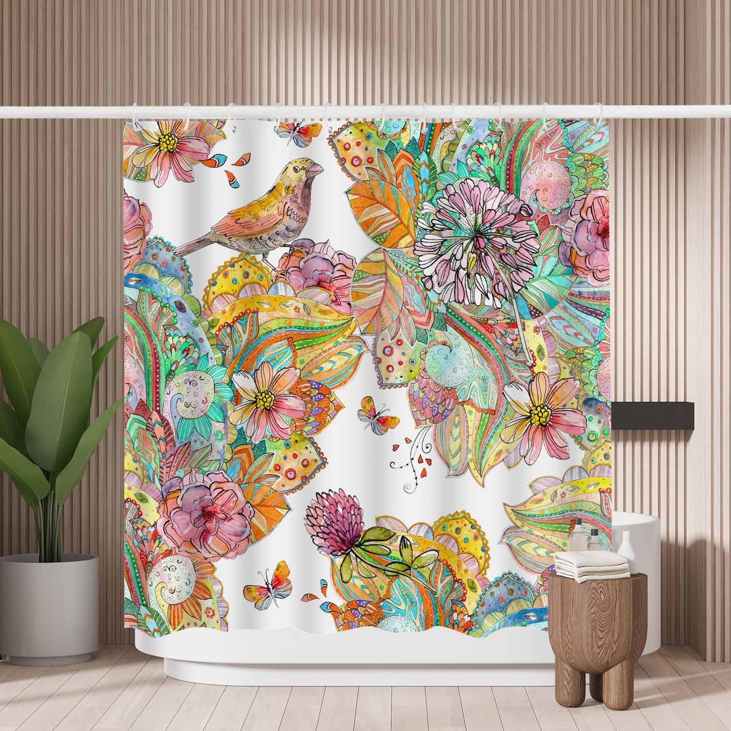 Woutay Shower Curtain Mould Proof Resistant Colorful Flowers and Bird,Water Repellant Fabric,Polyester,with 12 Plastic Hooks