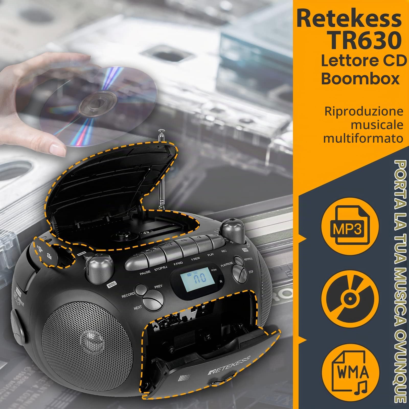 Retekess TR630 Lettore CD, Lettore Cassette | per Intrattenimento Domestico, Famiglia, FM/AM, Boombox Stereo, USB/TF, LCD con Retroilluminazione
