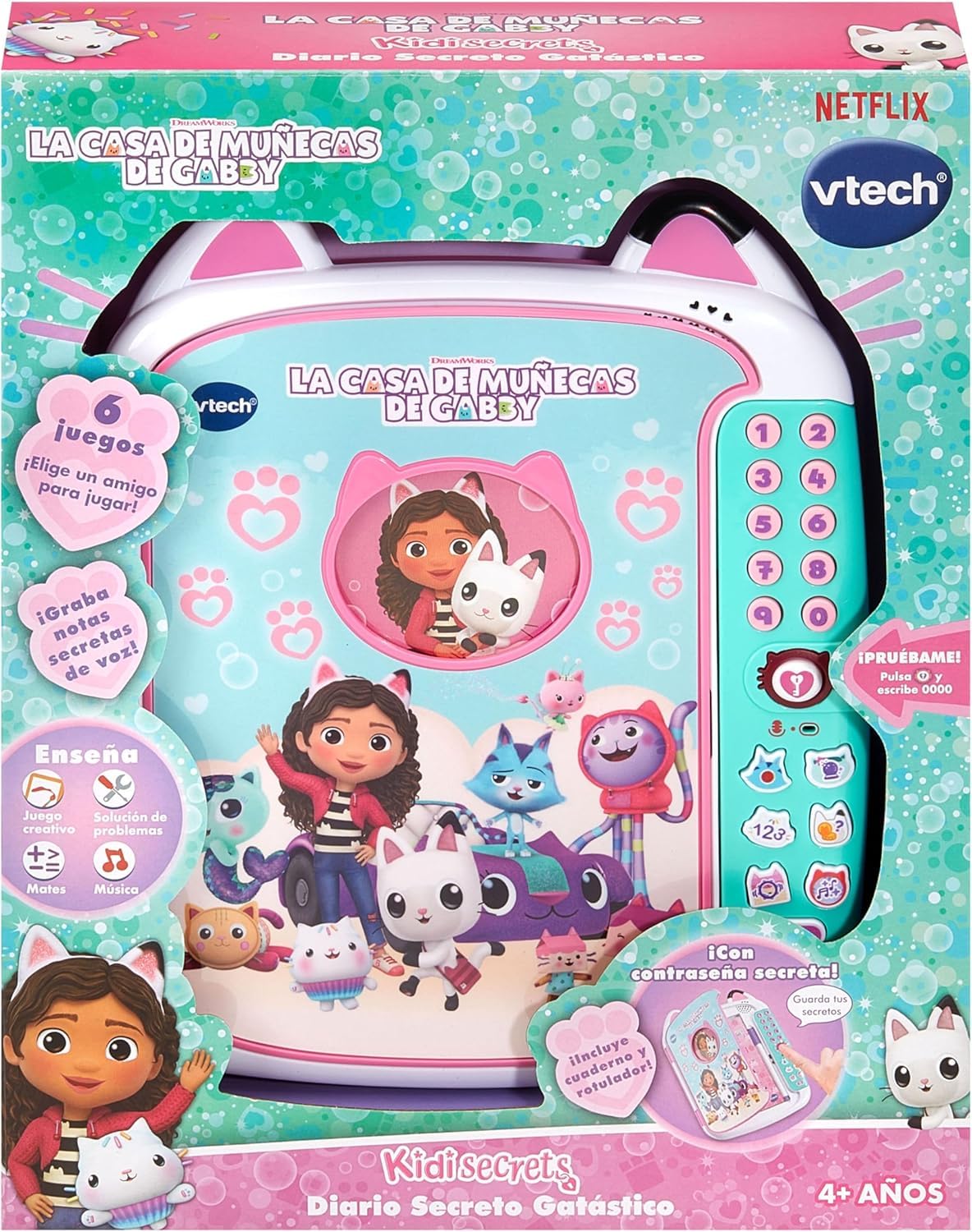 VTech - KidiSecrets Diario Secreto Gatástico La Casa de Muñecas de Gabby, Juguetes Electrónicos Niños +4 Años, Candado de Voz, Pantalla LCD, Grabación y Juegos Educativos, Versión ESP