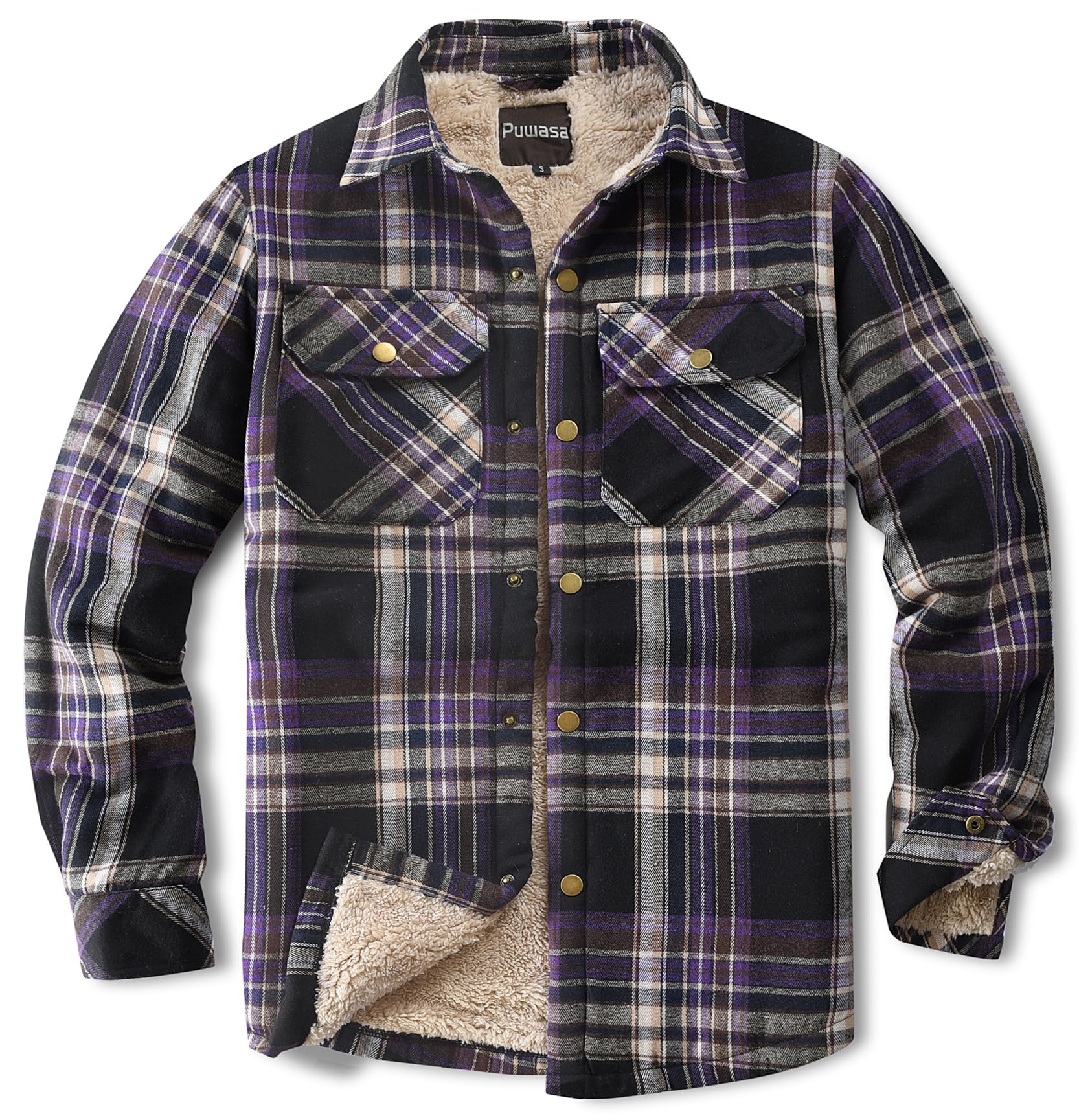 Men's Sherpa Cotton Flannel Shirt Jacket Plaid Button Coat Pocket
