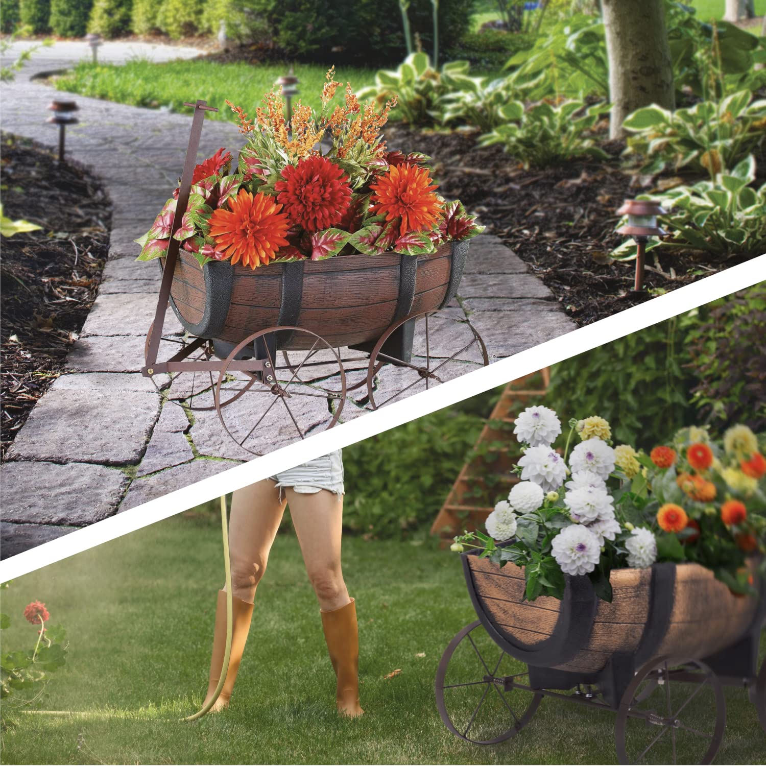 STREND PRO Blumenwagen Whiskyfass - Pflanzwagen auf rädern, Gartendeko Blumentopf Barel - realistischer Blumentopf Holzoptik Planzschubkarre - Leiterwagen Holz, Bollerwagen Holz