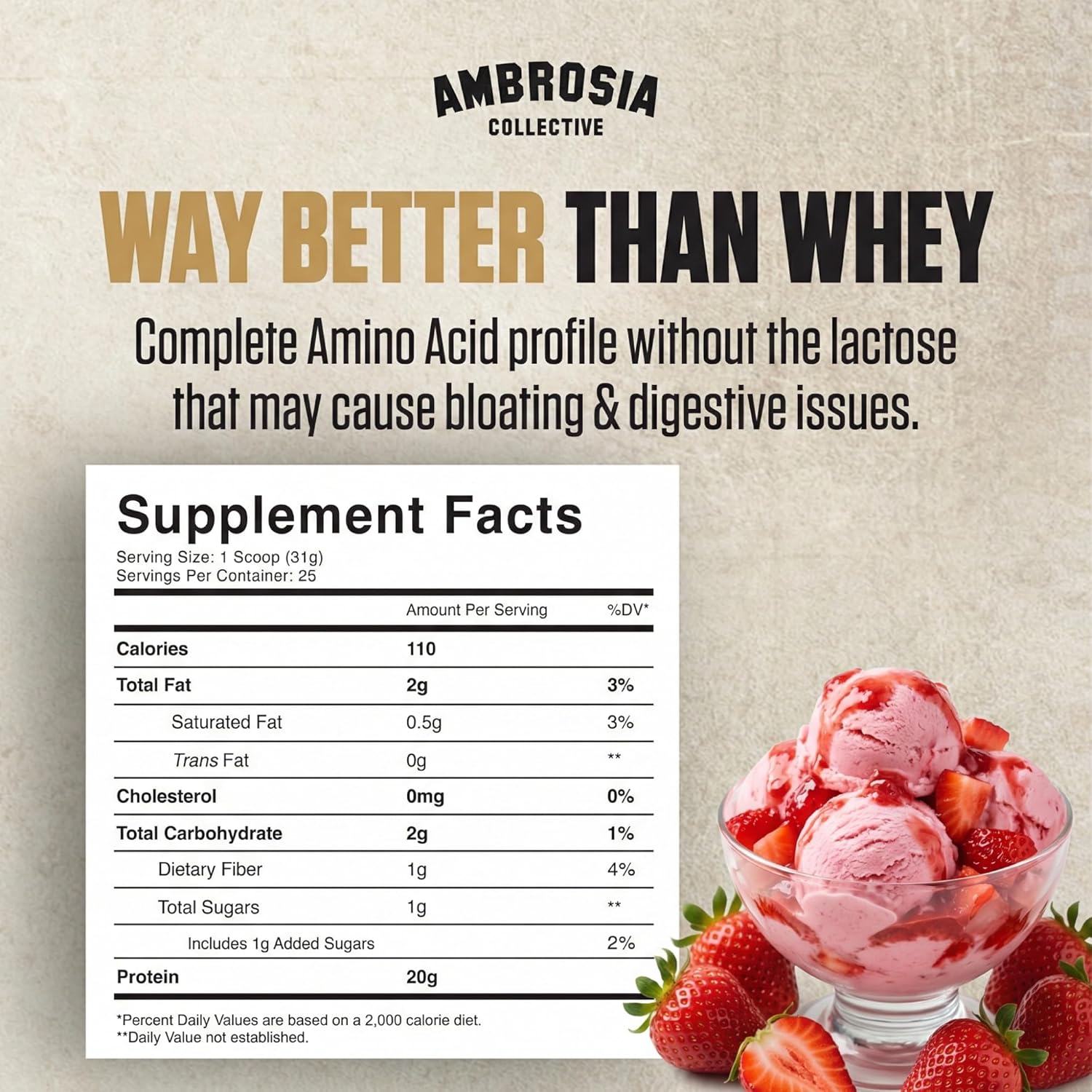 Ambrosia Plant Based Protein Powder 20g | Clean Vegan Pea Protein Powder | Gluten & Dairy Free, Keto Friendly, No Added Sugar | 25 Servings | Strawberry Ice Cream