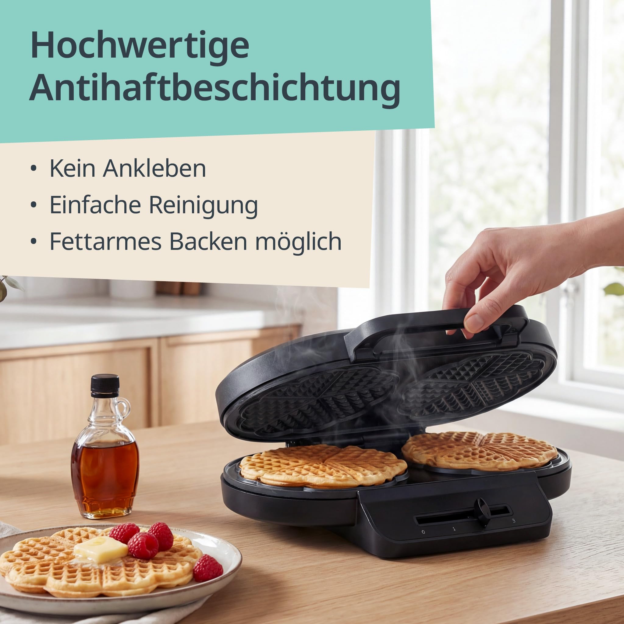 ADE Duo-Waffeleisen | antihaftbeschichtetes Doppelwaffeleisen für zwei klassische Herzwaffeln | stufenloser Temperaturregler | 1.200 Watt Leistung | perfekt für Kindergeburtstage | schwarz