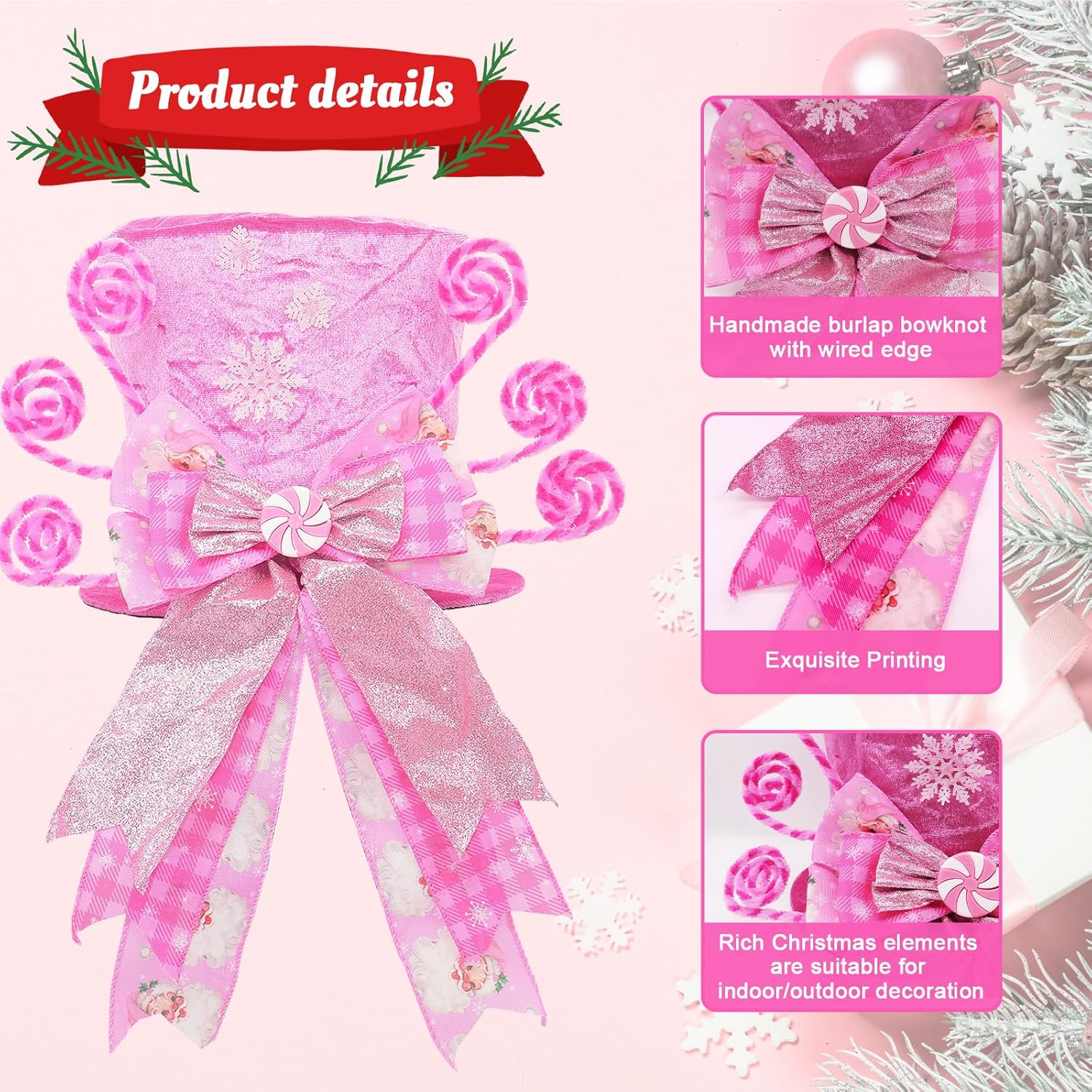 Christmas Tree Topper Hat with Bow, Candy Cane Velvet Top Hat Ornament with Pre-Tied Pink Wired Bow, Winter Holidays Xmas Decor for Home Decoration