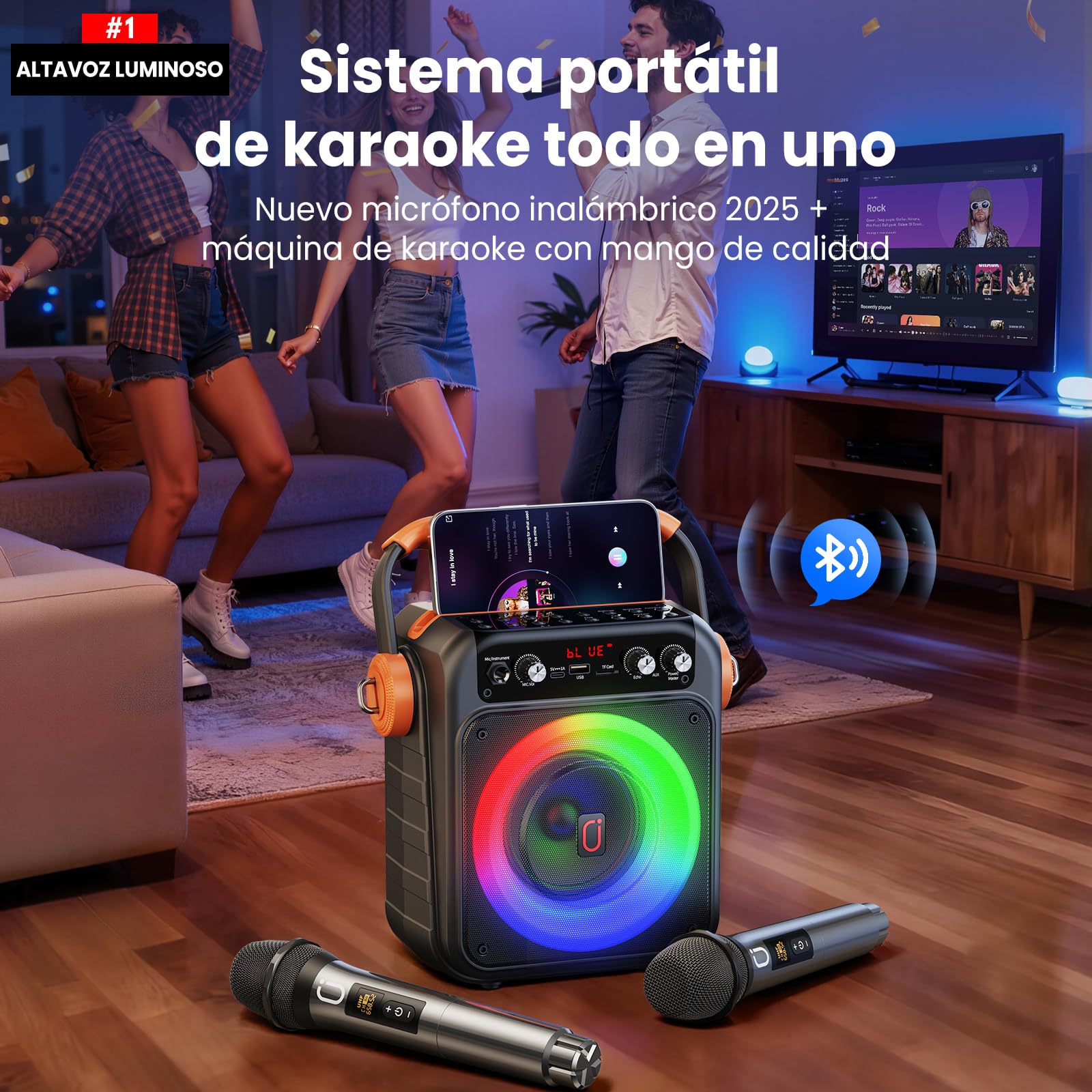 JYX Karaoke con 2 micrófonos inalámbricos: Altavoz portátil Karaoke Bluetooth 5.3, Sistema PA para Familiares con subwoofer, Soporte Rec/AUX/USB/TF, Disponible como Regalo Adultos y niños