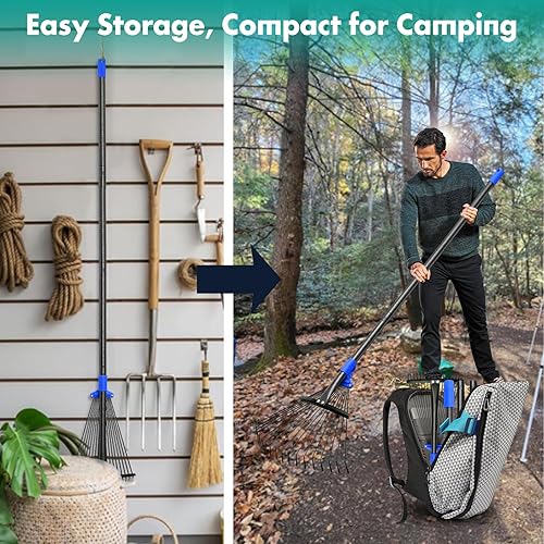 Miniatura 7 de Rastrillo de hojas con cabeza expandible, 18 dientes, mango largo ajustable de 53 pulgadas, 17 pulgadas de ancho, rastrillos plegables resistentes