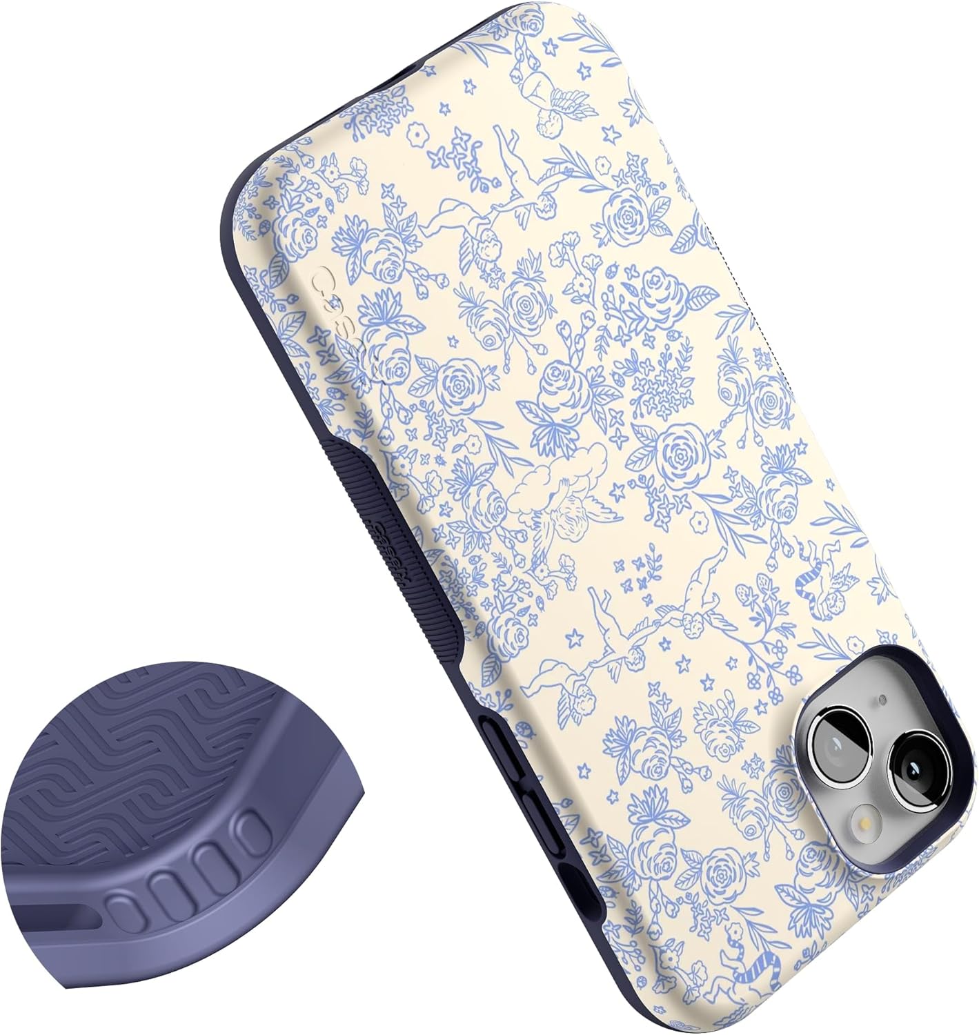 Casely iPhone 14 Plus Case | Cupid's Canvas | Periwinkle Floral | Bold Protective Design | Compatible with MagSafe