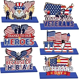 Happy Veterans Day Decorations - 6PCS Wooden Veterans Day Centerpieces for Party, Thanks to Our Heroes Table Topper Sign Supplies, Patriotic Festival Party Supplies Decor