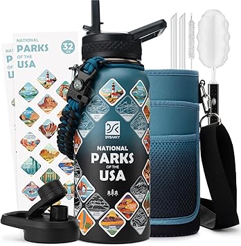 32 oz Insulated Water Bottle | Thickened Stainless Steel Vacuum Metal | Portable Sports Water Jug for Gym and Hiking with Straw, Carrier Bag, Handle Strap | BPA-Free 32 oz