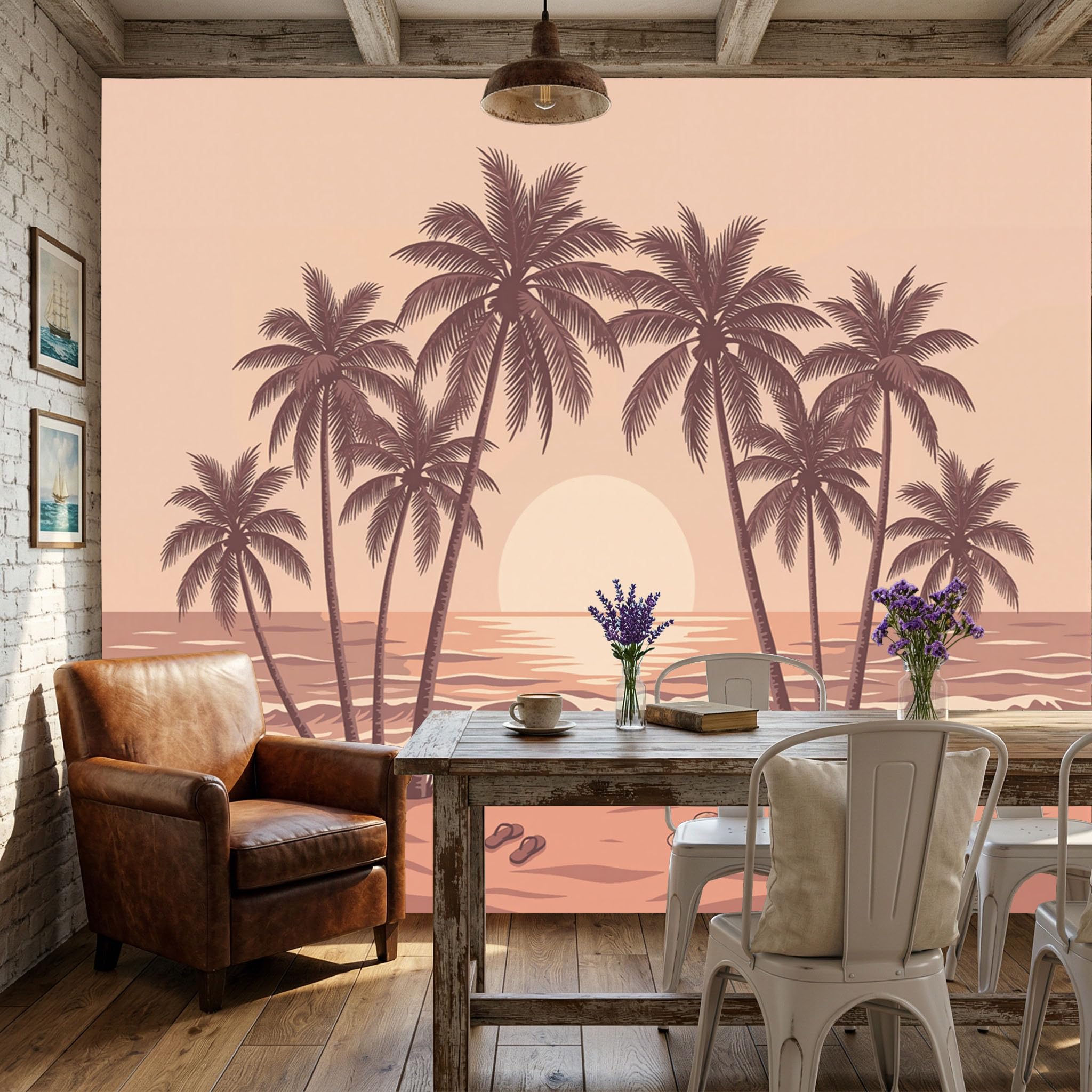 Poster mural plage vintage effet 3D avec palmiers illustration géante rose beige