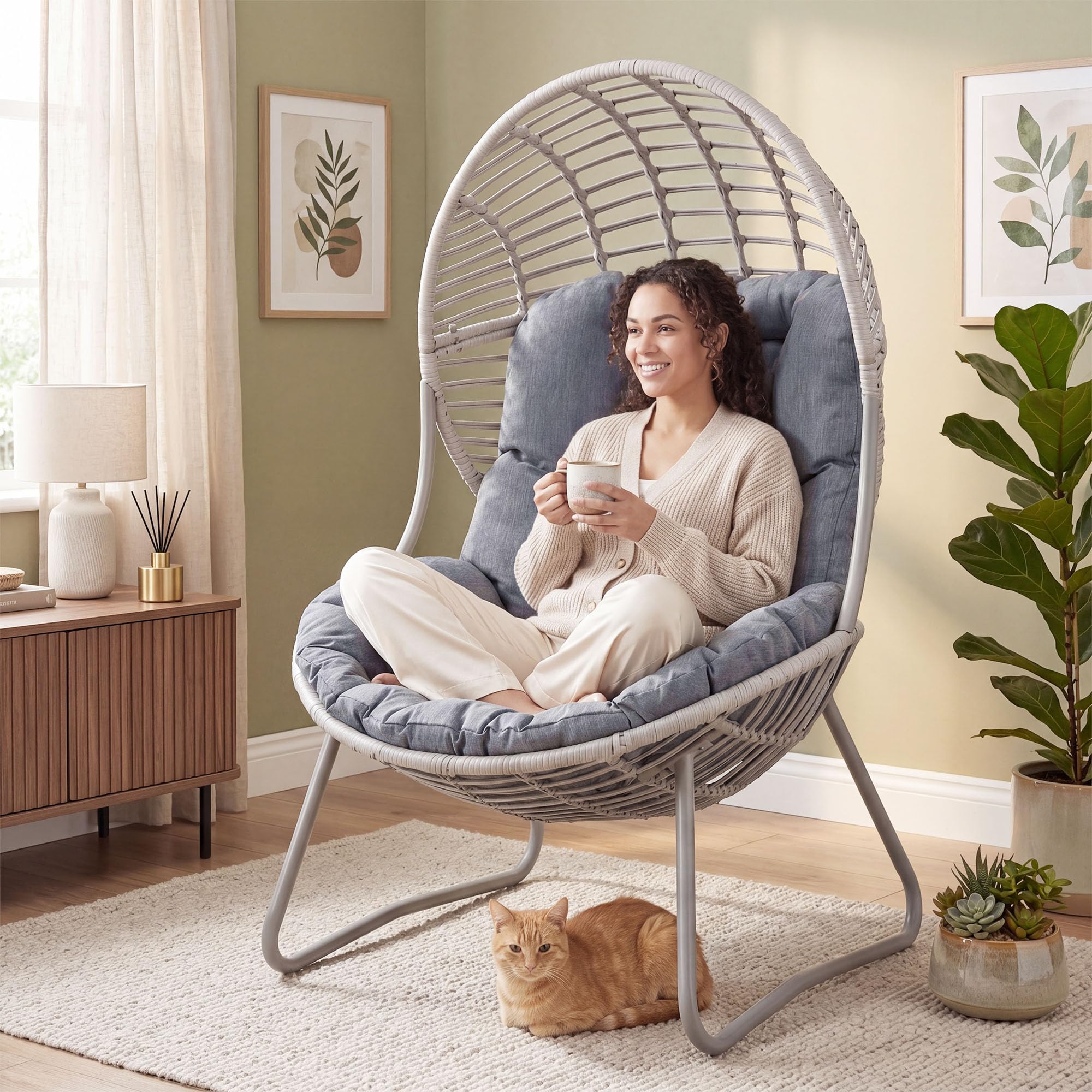 GIANTEX Poltrona da Giardino in PE Rattan, Sedia a Uovo Imbottita