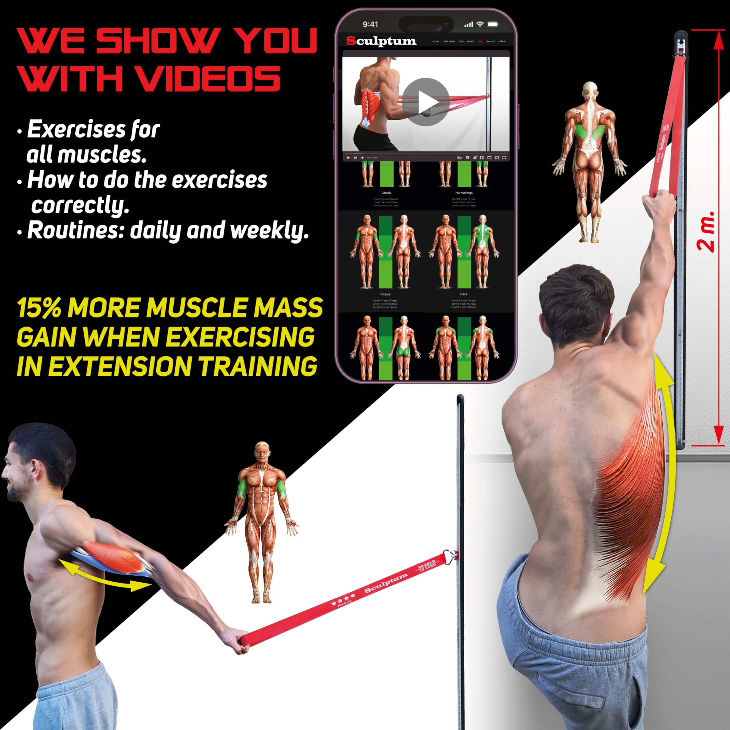 Elastyczne taśmy oporowe, 2 zestawy 4 gumek (TPE), z 2 prowadnicami aluminiowymi 1 m. z zaczepami wielopozycyjnymi. Domowa siłownia do ćwiczeń fitness całego ciała. Przewodnik wideo.