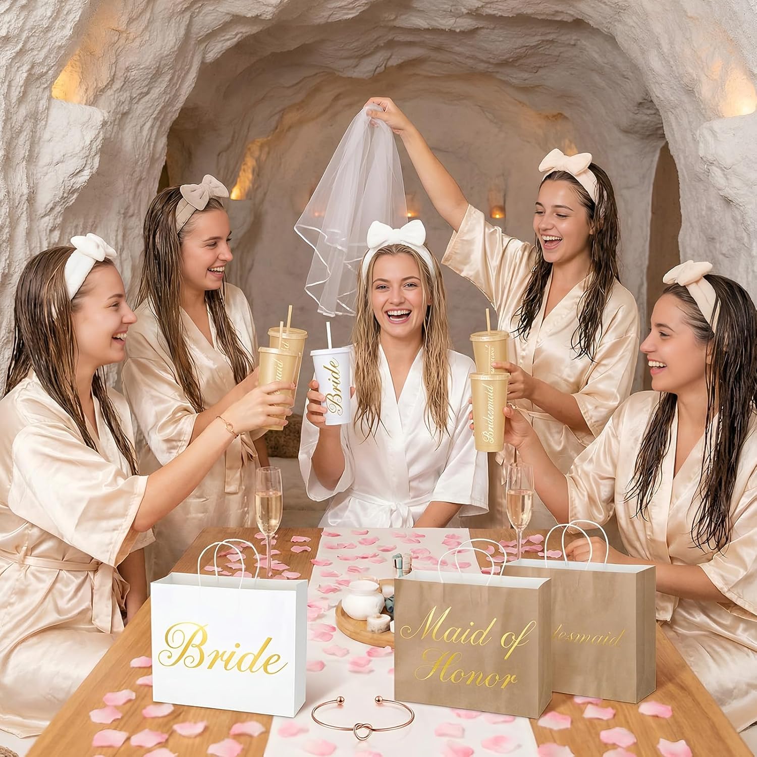 56 Pcs Bridesmaid Bride Robes Set of 8 Bridal Party Silk Satin Robes for Wedding Bachelorette Party Gifts(White, Champagne) - Image 5