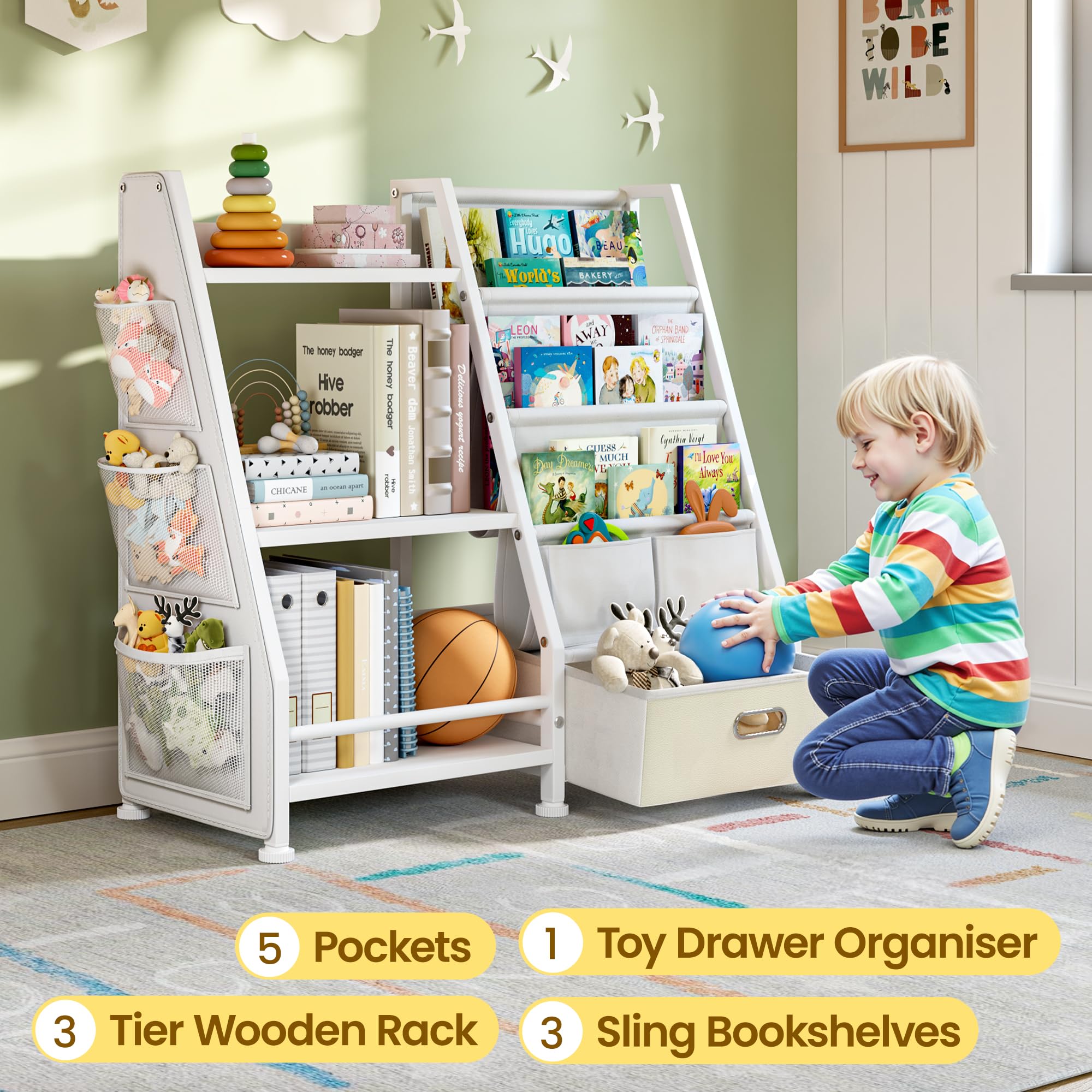 GoTiling Libreria Scaffale Portagiochi per Bambini: Montessori Scaffale a 3 Livelli con Cassetto - Mensole per Libri e Giocattoli per Cameretta