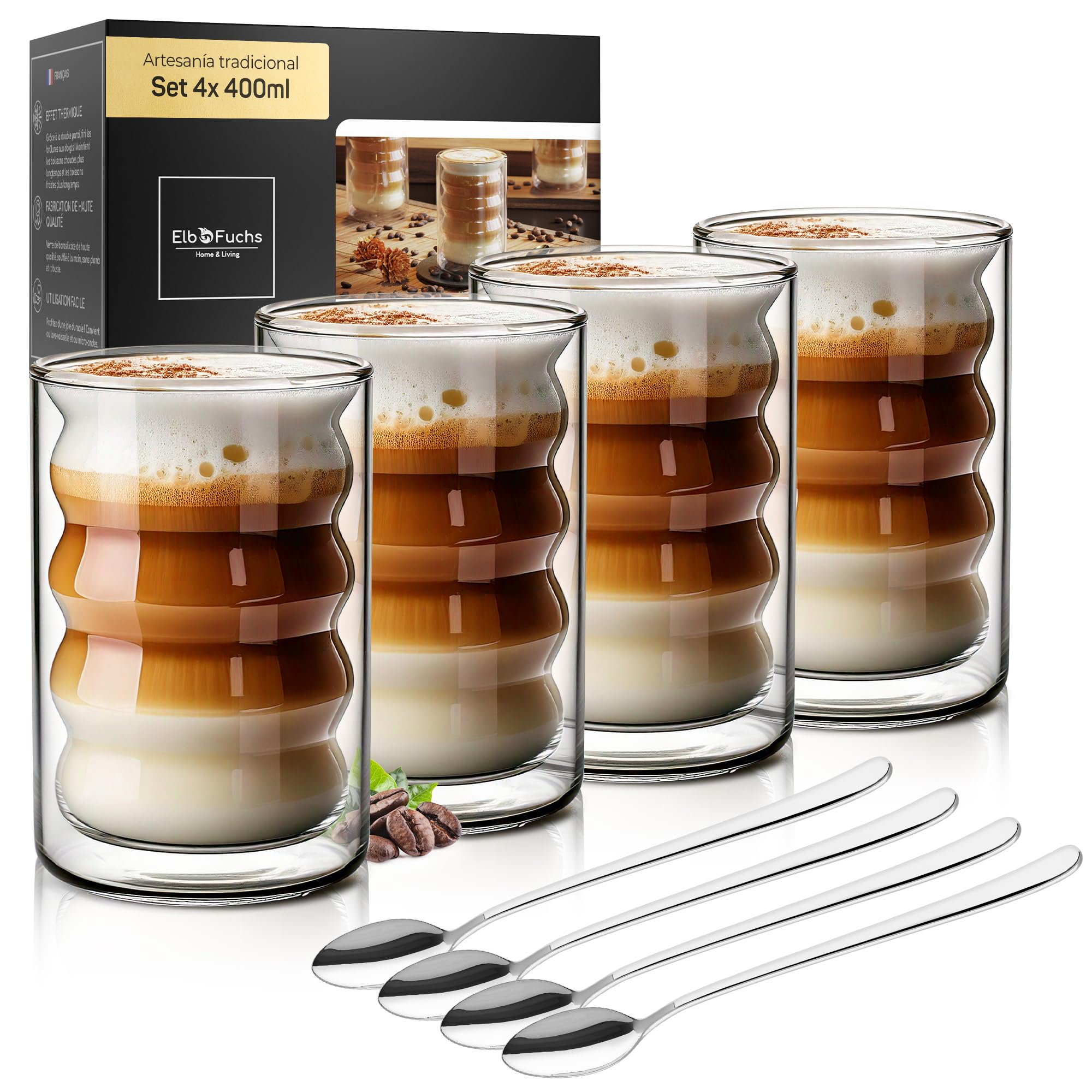 ElbFuchs® Vasos de cristal de doble pared Latte Macchiato [4×400 ml] vasos térmicos transparentes con cucharillas – para cappuccino, café & té