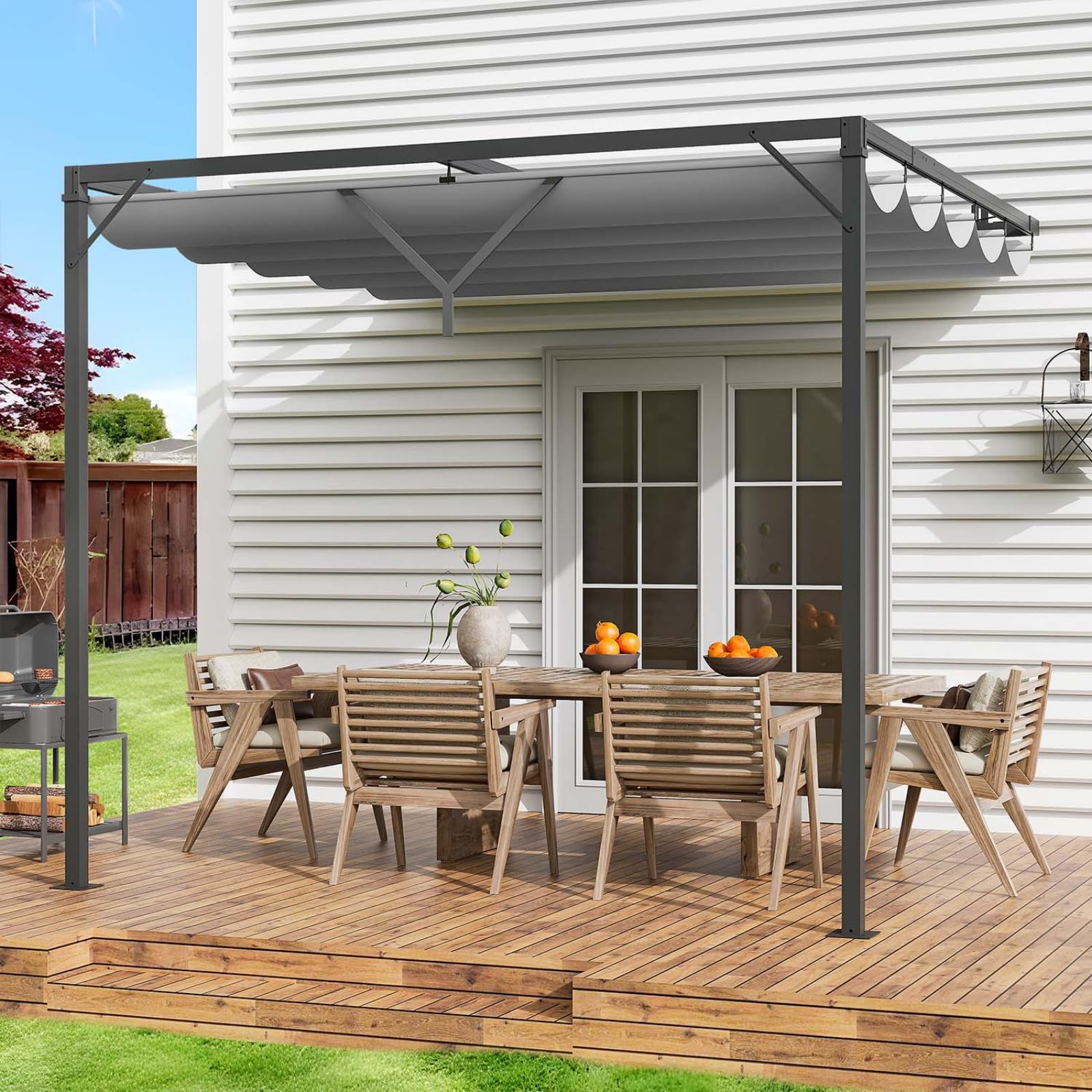 GartistGo 2.4 x 2.4m Retractable Lean To Pergola, Wall Mounted Patio Gazebo with UPF30+ Sun Shade Slide Canopy, Outdoor Sun Shade for Deck, Backyard, Garden
