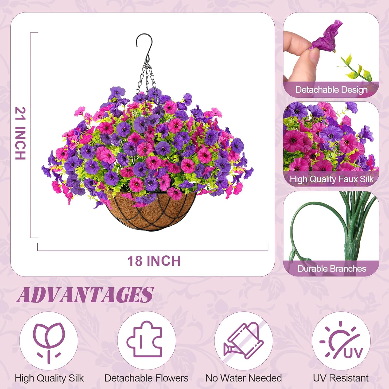 Artificial Hanging Baskets Faux Bougainvillea, Flowers Plants for Outdoor Outside Spring Decoration, Fake Silk UV Resistant Look Real Long Trailing Vines for Front Door Porch Planter Urn Patio Balcony - Image 3