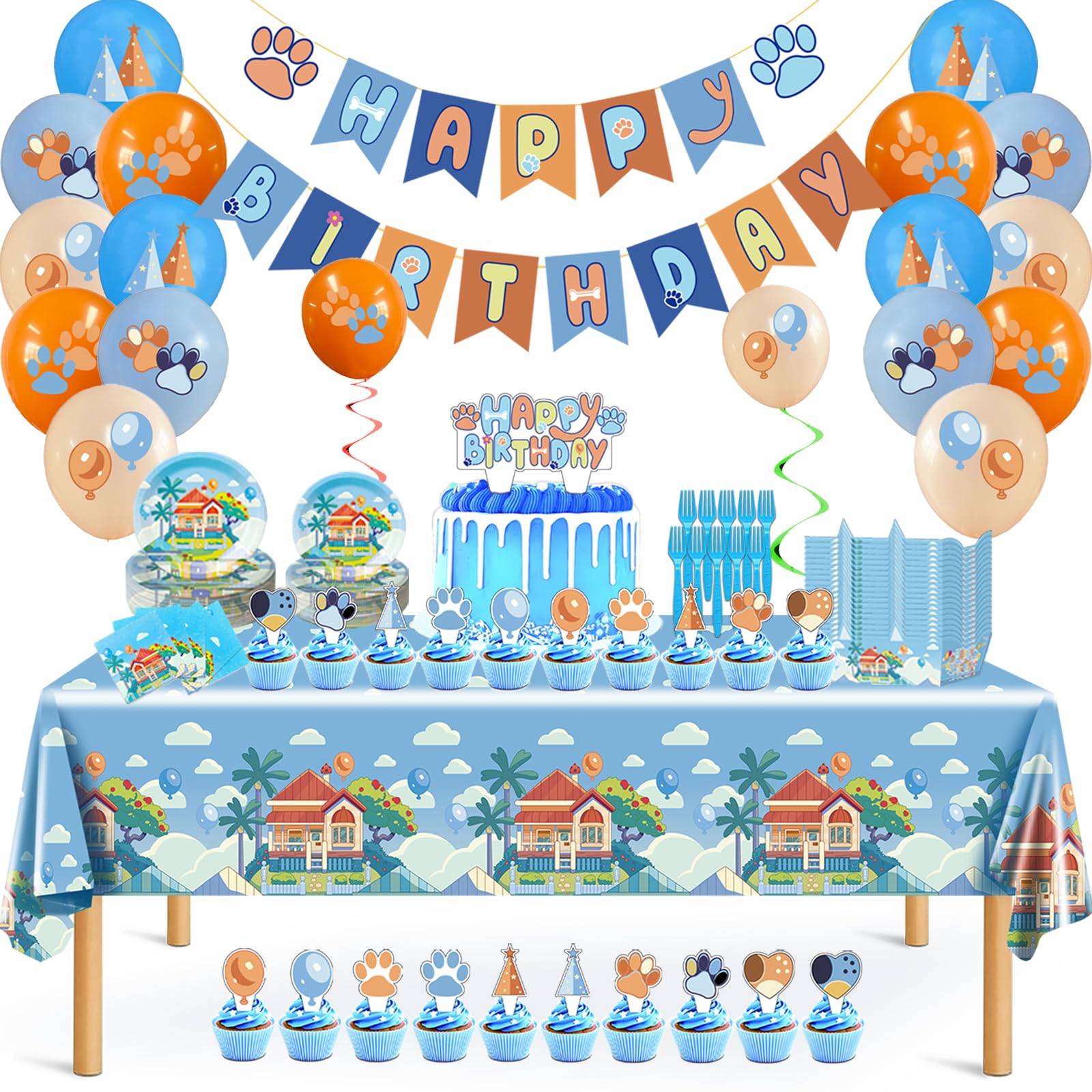 View 1 of 133PCS Blue Birthday Party Supplies - Serves 20 Guests?Blue Birthday Decorations, Blue Plates and Napkins, Tablecloth, Balloons, Banner, Cake Toppers, Fork & Paper Food Trays - Party Supplies