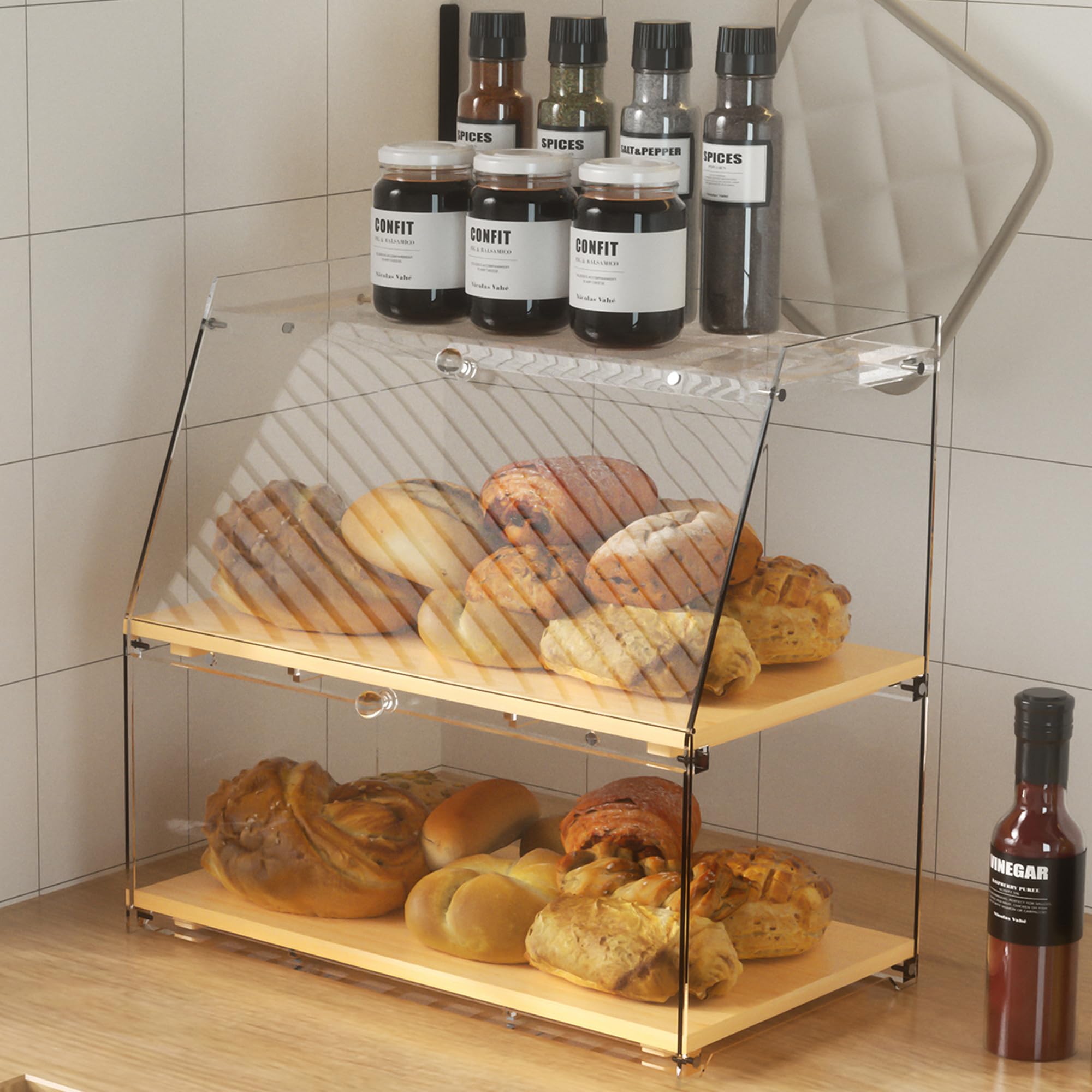 GOYLSER Double Layer Acrylic Corner Bread Boxes Container for Kitchen Organizers and Storage, Large Capacity Farmhouse Bread Bin Shelf with Bamboo Panel