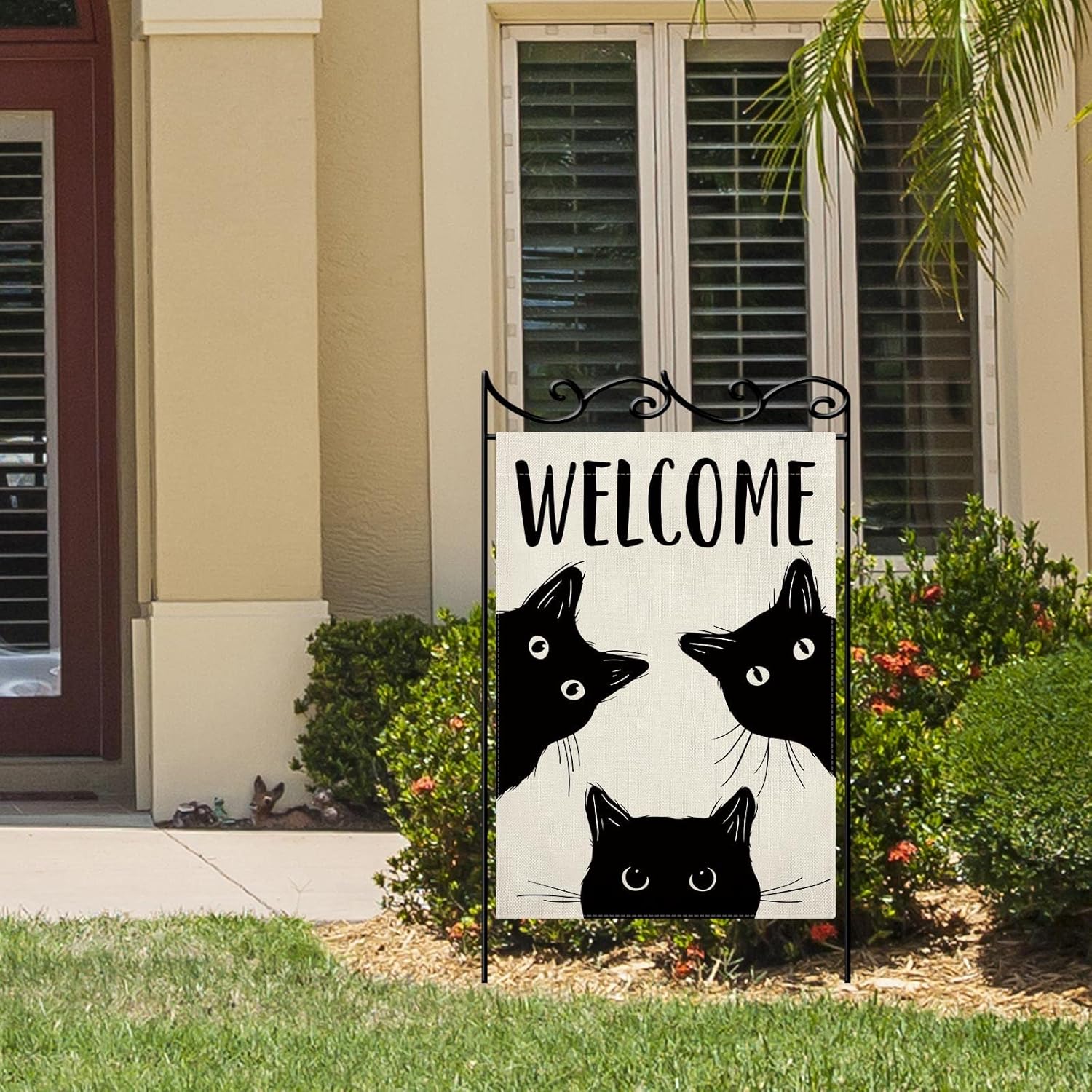 CMEGKE 黒猫ハウスフラッグ 猫旗 ウェルカムハウスフラッグ ハロウィンヤードフラッグ 両面黄麻布 ホリデー ハロウィン ファー