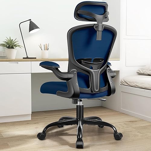 FelixKing Ergonomic Office Desk Chair with Headrest, Wheels, Adjustable Lumbar Support and Height, Swivel Comfy Task Chair with Flip-up Armrests, Ergo Mesh Backrest for Working (Navy) - 936-H - Navy