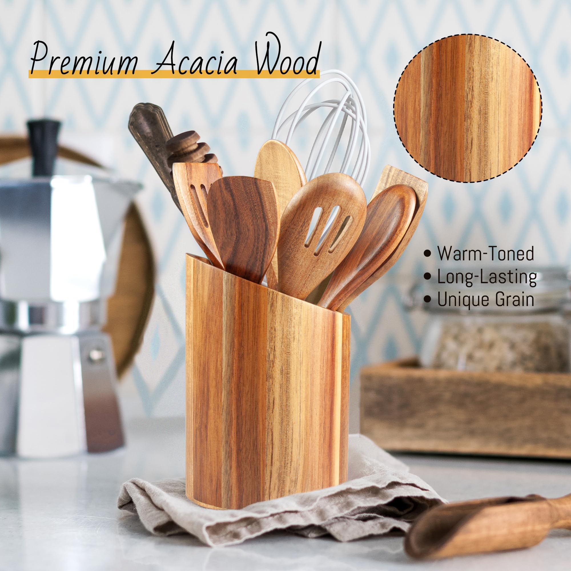 KITEISCAT Acacia Wooden Utensil Holder for Kitchen Countertop – Large Acacia Kitchen Utensil Crock for Cooking Tools, Spoons & Spatulas