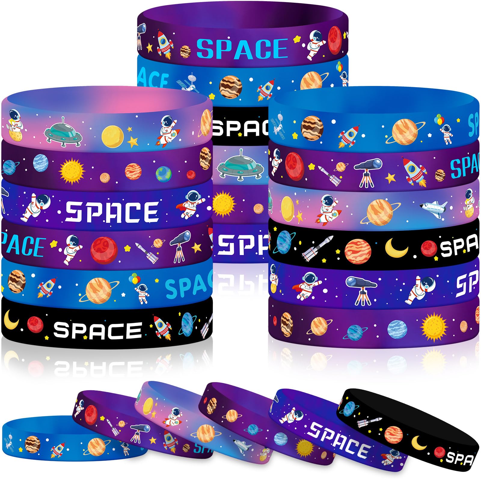 JUNEBRUSHS 42pcs Outer Space Party Favors Silicone Bracelets Galaxy Astronaut Stars Space Rubber Wristbands Accessories for Students Space Themed Birthday Party Favors Decorations Supplies(6 Designs) — image 1