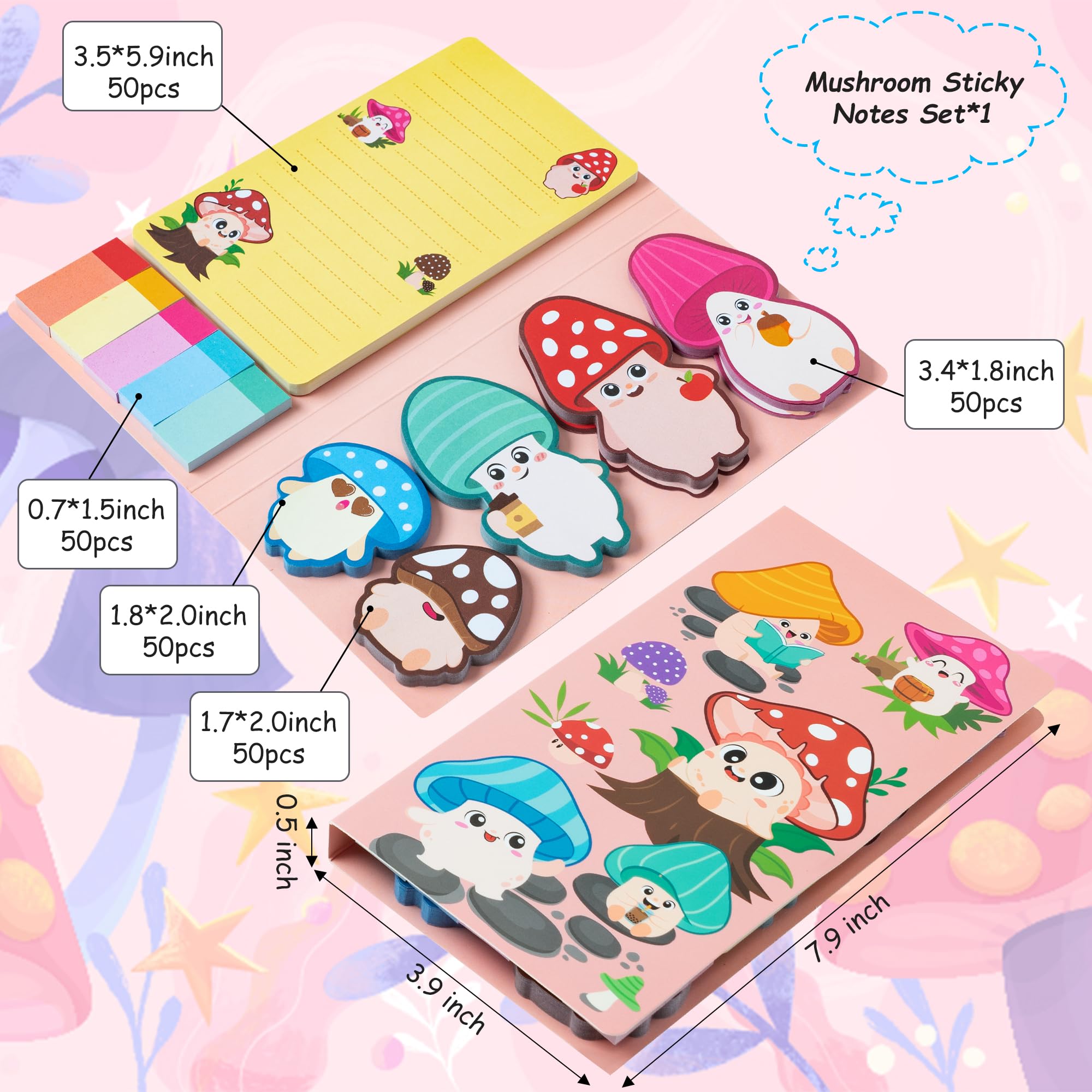 8 Pack Mushroom Sticky Notes - 336 Sheets Cute Animal Design For Office School