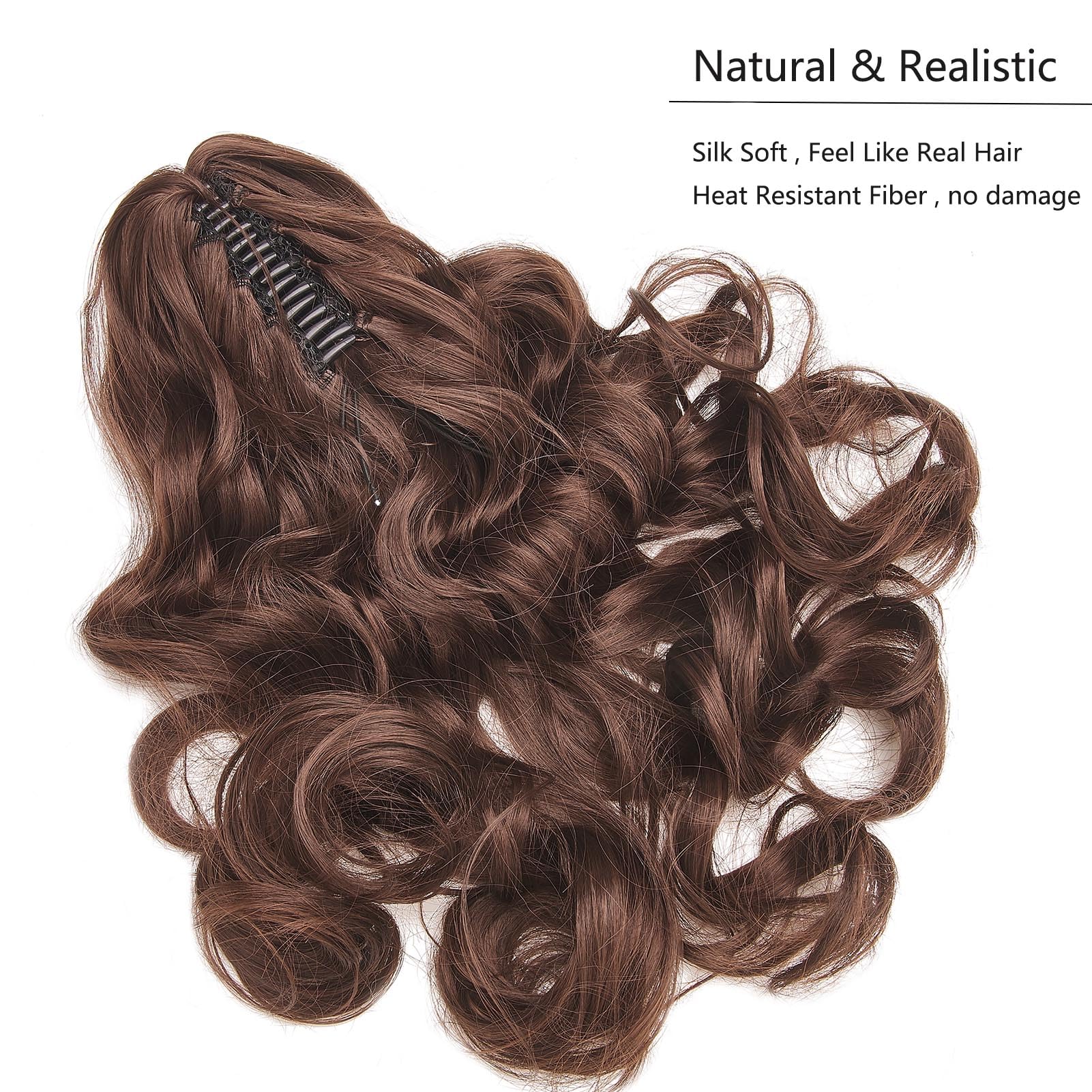 Cybelleza Ponytail Extension Curly Wavy Claw Jaw Pony Tail 18" One Piece Clip in Hair Extensions Ponytail Hairpiece Synthetic Long Natural for Women Dark Brown & Dark Auburn - Image 3