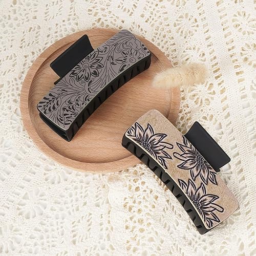 Miniatura 4 de ZZXLLRO Paquete de 2 pinzas grandes para el cabello occidental, pinzas florales de cuero artificial de 4 pulgadas, horquillas negras y marrones